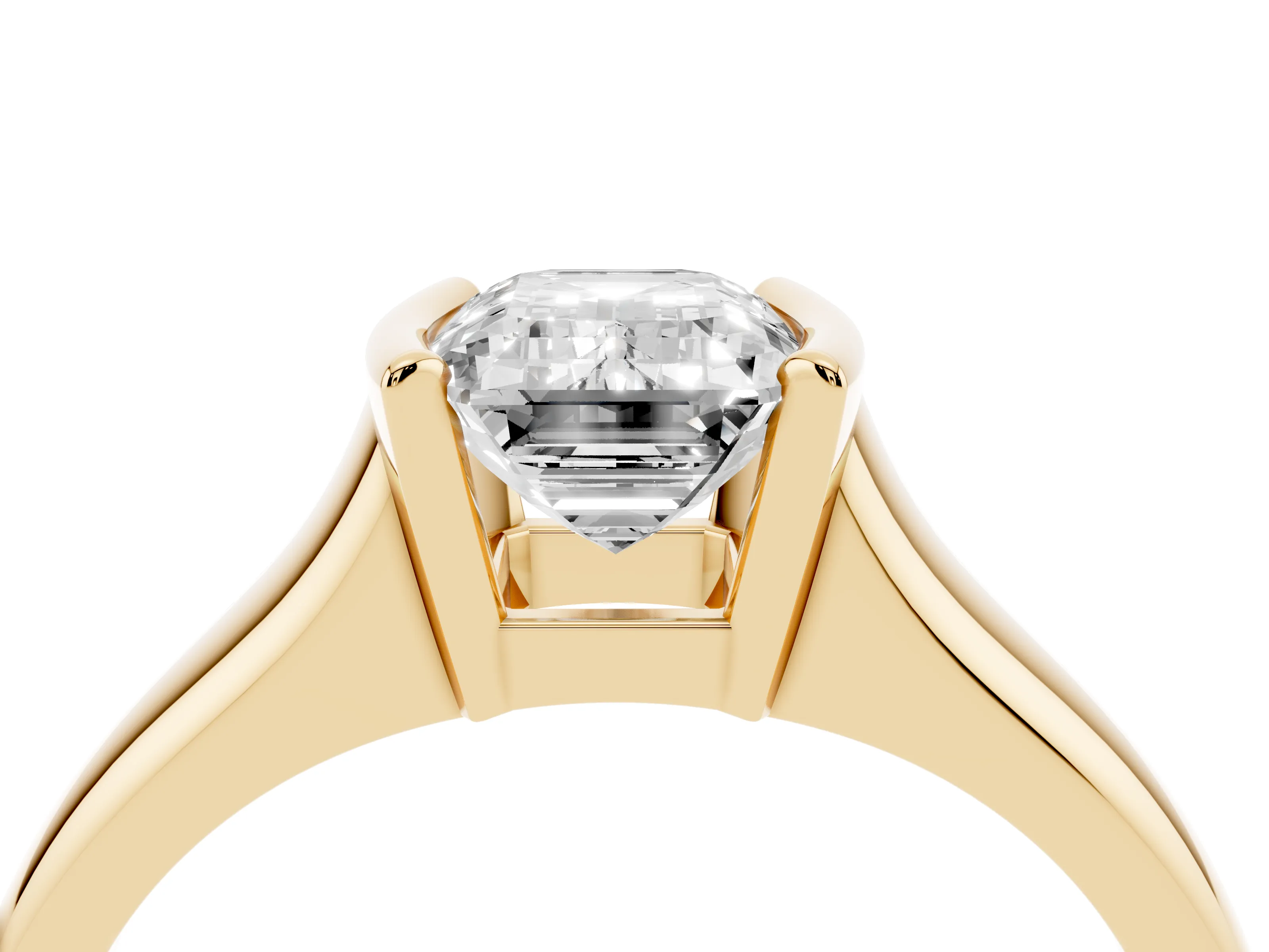 Emerald Cut Diamond Solitaire Tension Set Ring Set in Yellow gold with Split Shank Band