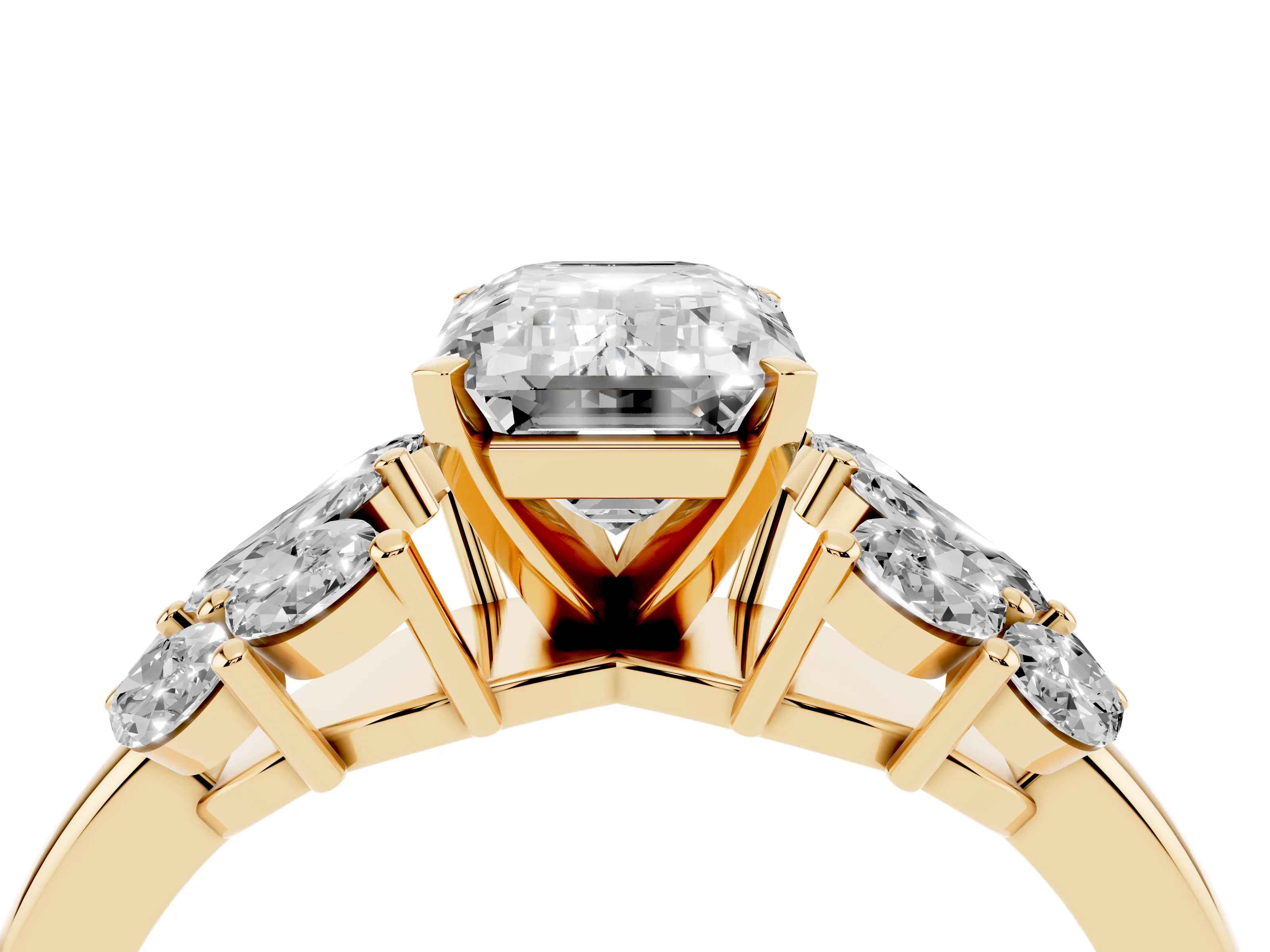Emerald Cut Diamond Cluster Leaf Design Ring Set in Yellow gold with Prong Setting