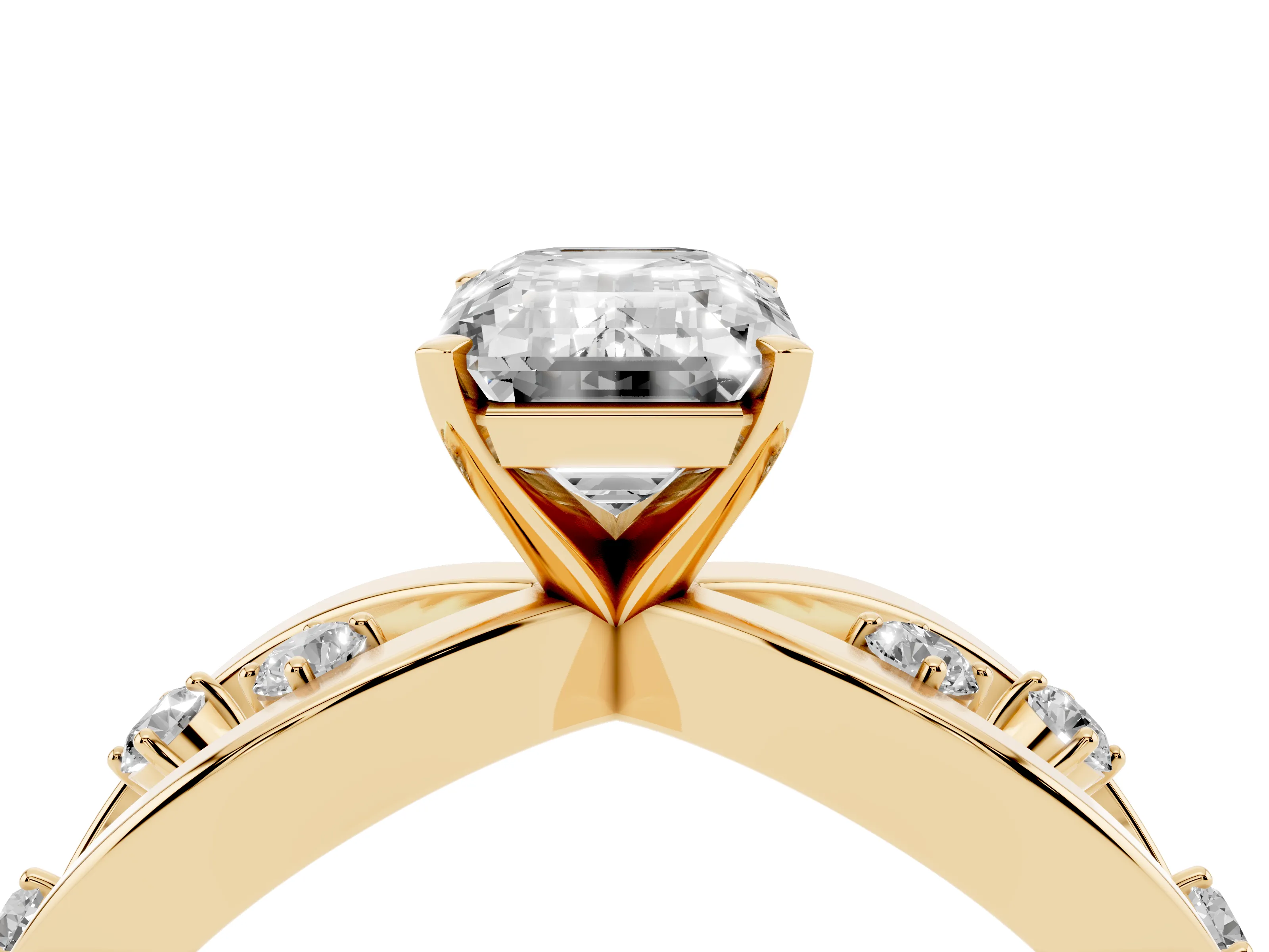 Emerald Cut Diamond Solitaire Ring Set in Yellow gold with Side Stones on Criss-Cross Band and Prong Setting