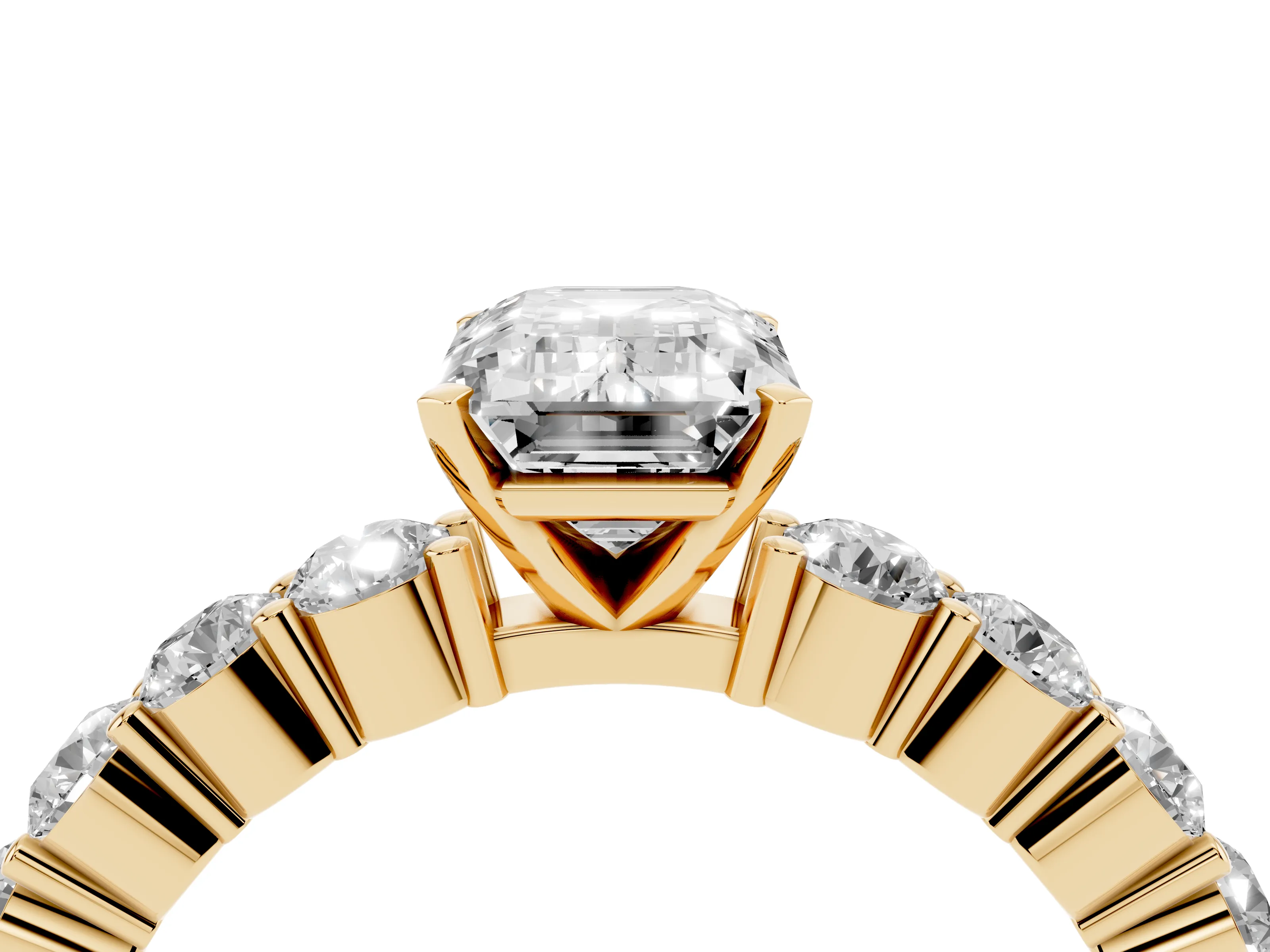 Emerald Cut Diamond Solitaire Ring Set in Yellow gold with Shared Prong Round Side Stones