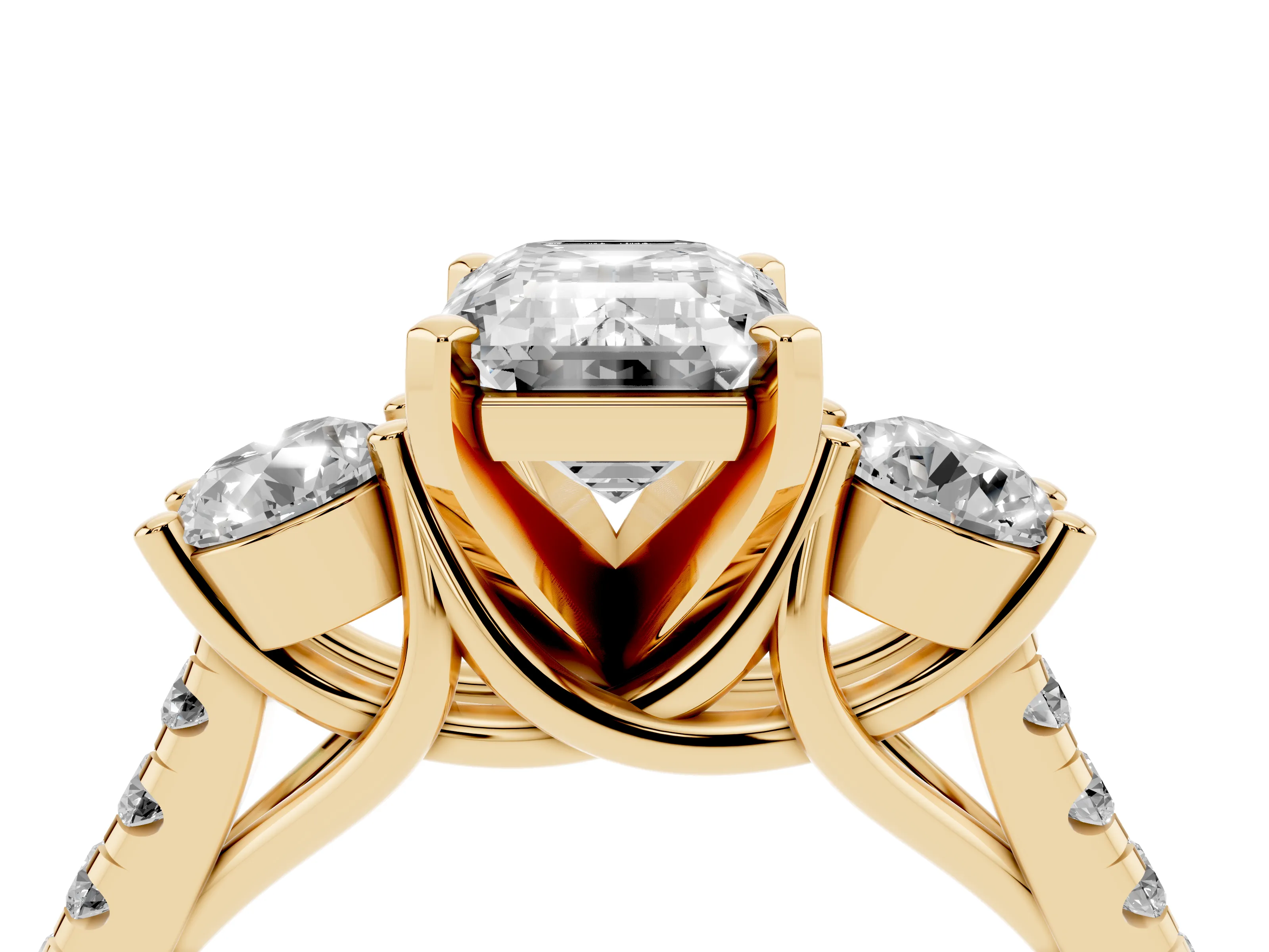 Three-Stone Emerald Cut Diamond Pavé Band Ring Set in Yellow gold with Prong-Set Trio