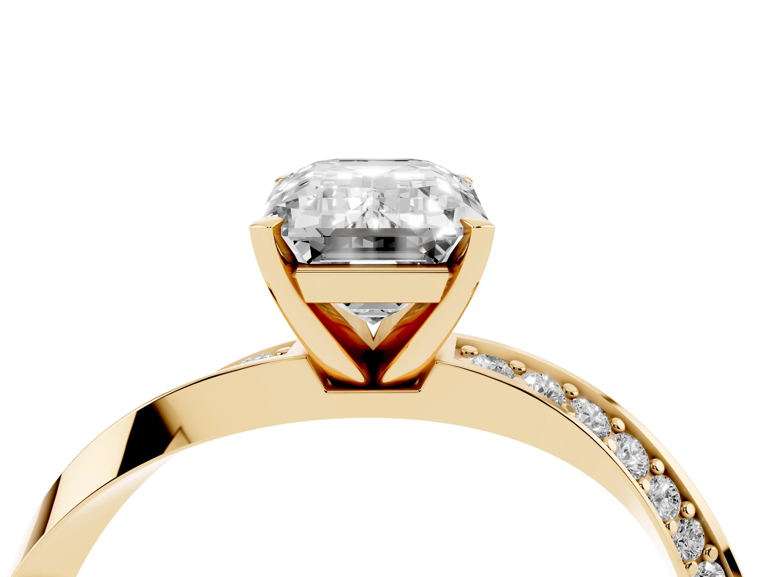 Emerald Cut Diamond Engagement Ring Set in Yellow gold with Side Stone Accents and Prong Setting