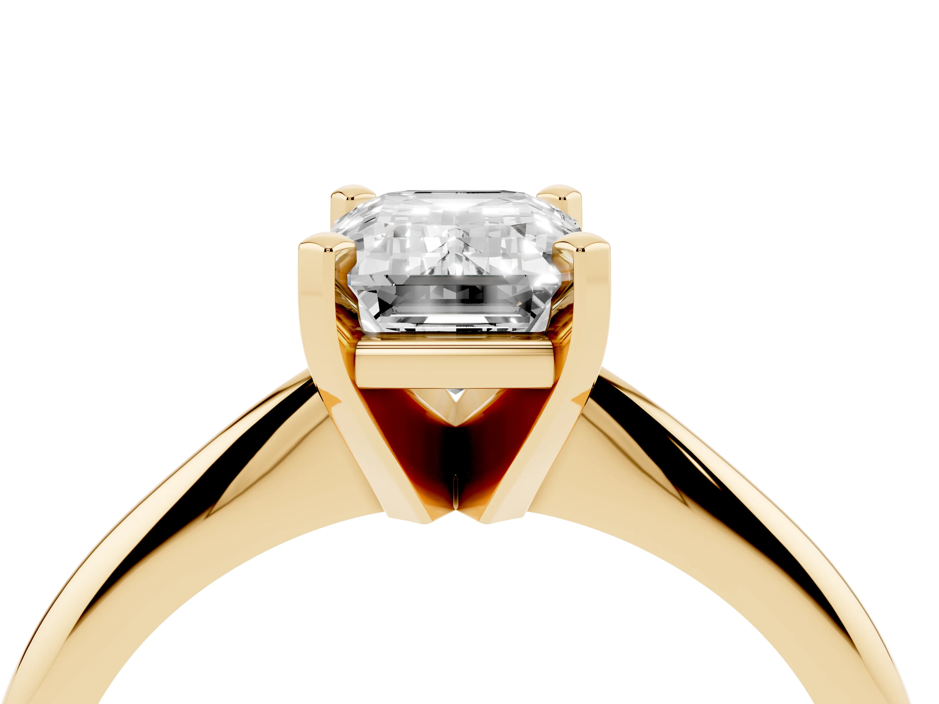 Emerald Cut Diamond Solitaire Ring Set in Yellow gold with Prong Setting on a Plain Round Band