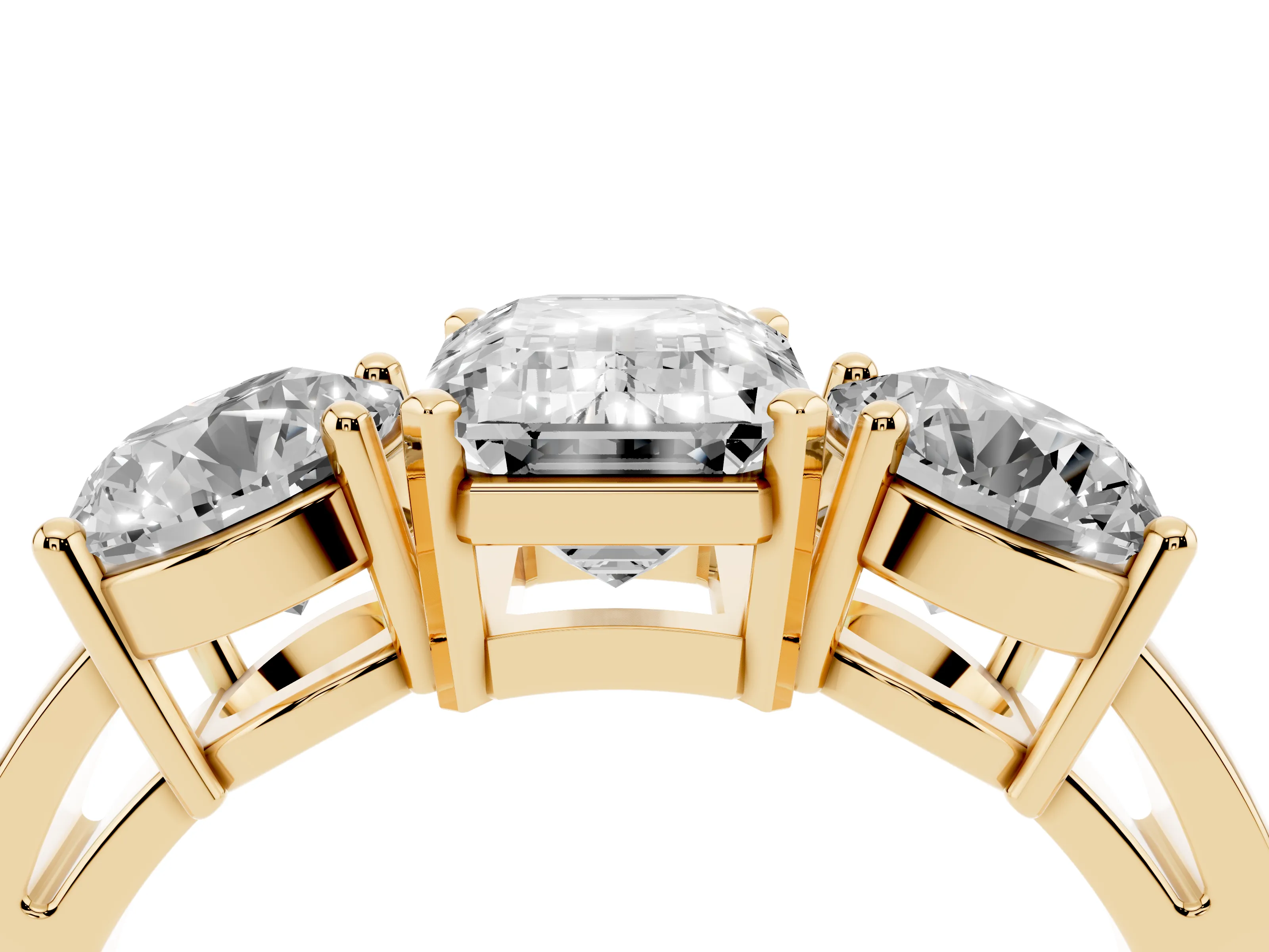 Emerald Cut Diamond Three-Stone Ring Set in Yellow gold with Round Side Stones and Classic Band