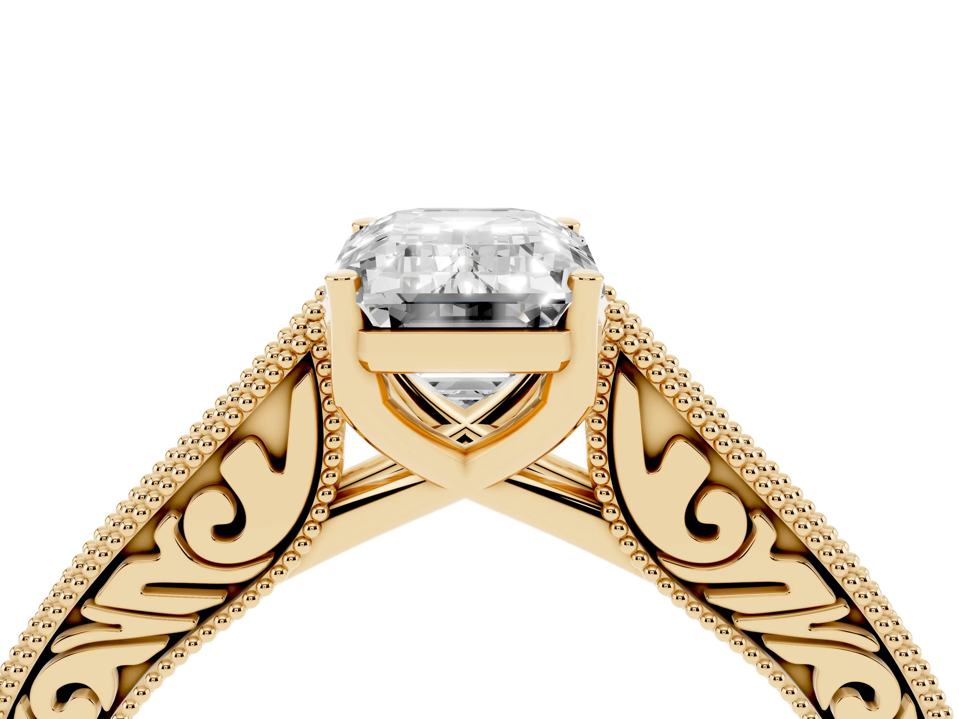 Emerald Cut Diamond Milgrain Pavé Band Solitaire Ring Set in Yellow gold with Prong Setting