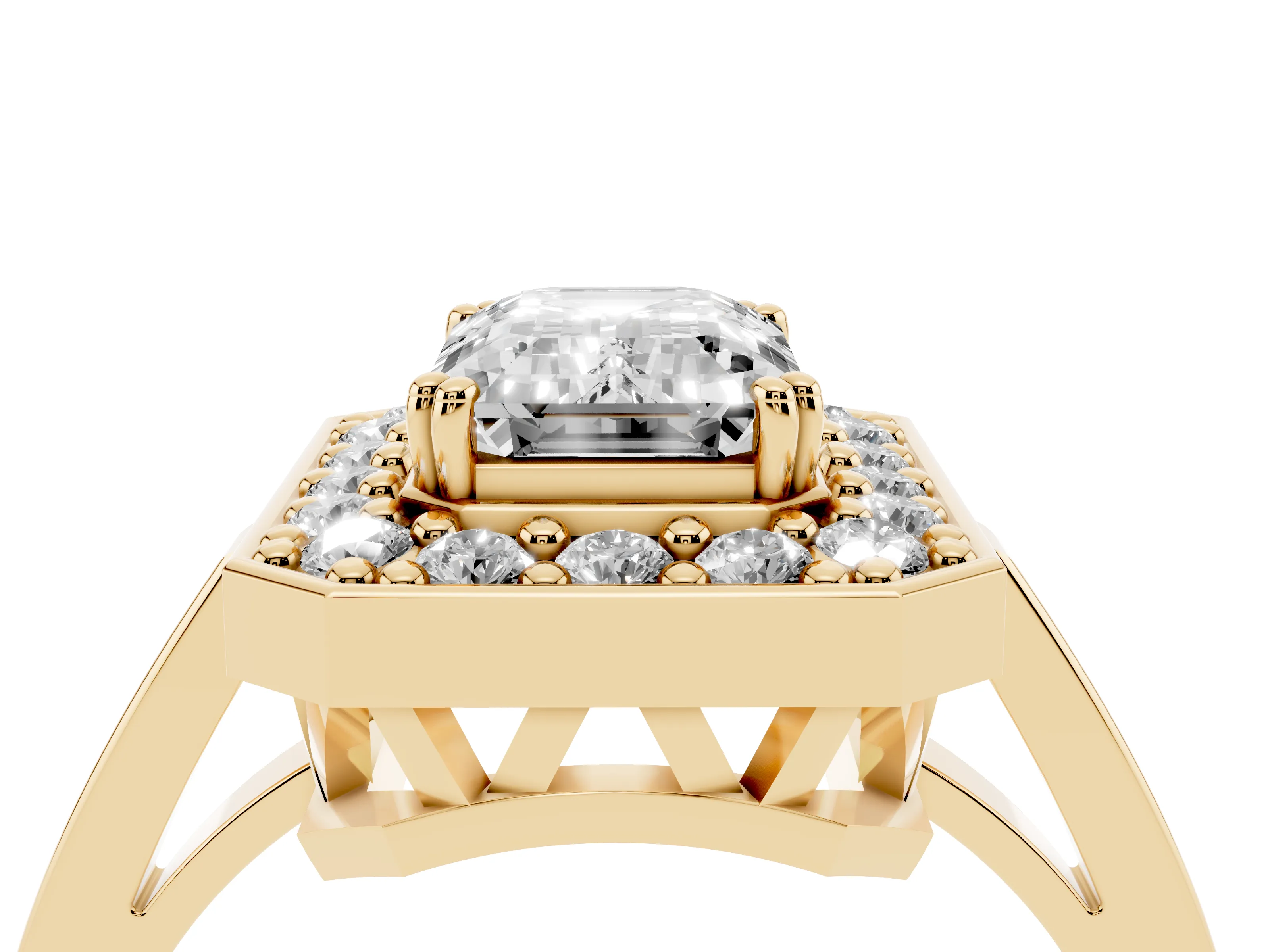 Emerald Cut Diamond Halo Ring Set in Yellow gold with Accent-Lined Split Shank and Prong Setting