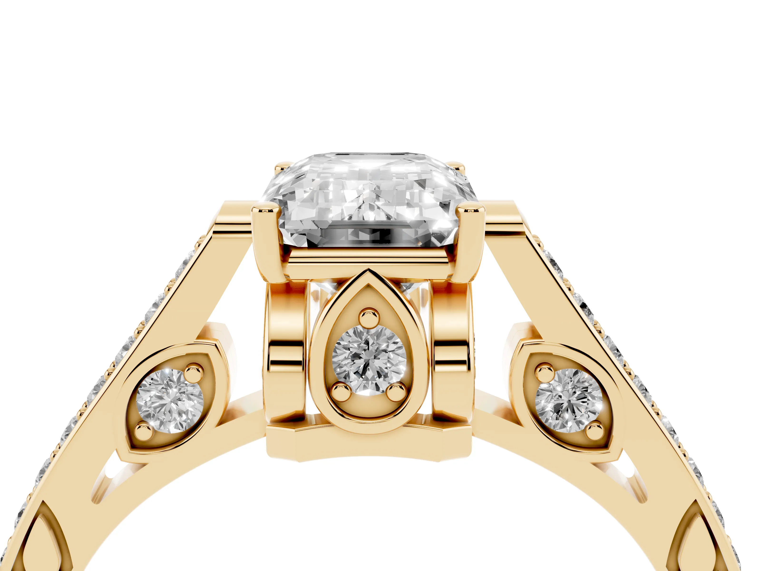 Emerald Cut Diamond Cathedral Pavé Engagement Ring Set in Yellow gold with Prong Setting