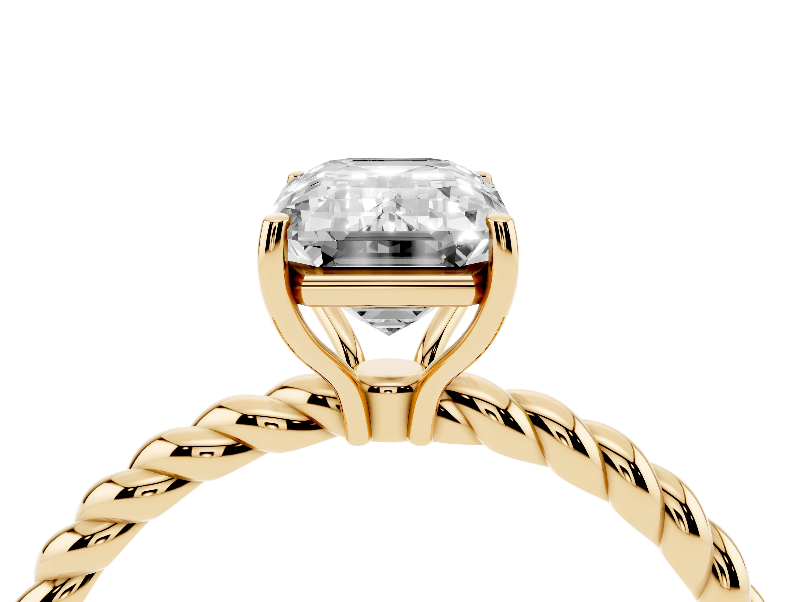 Emerald Cut Diamond Solitaire Ring Set in Yellow gold with Twist Band and Prong Setting