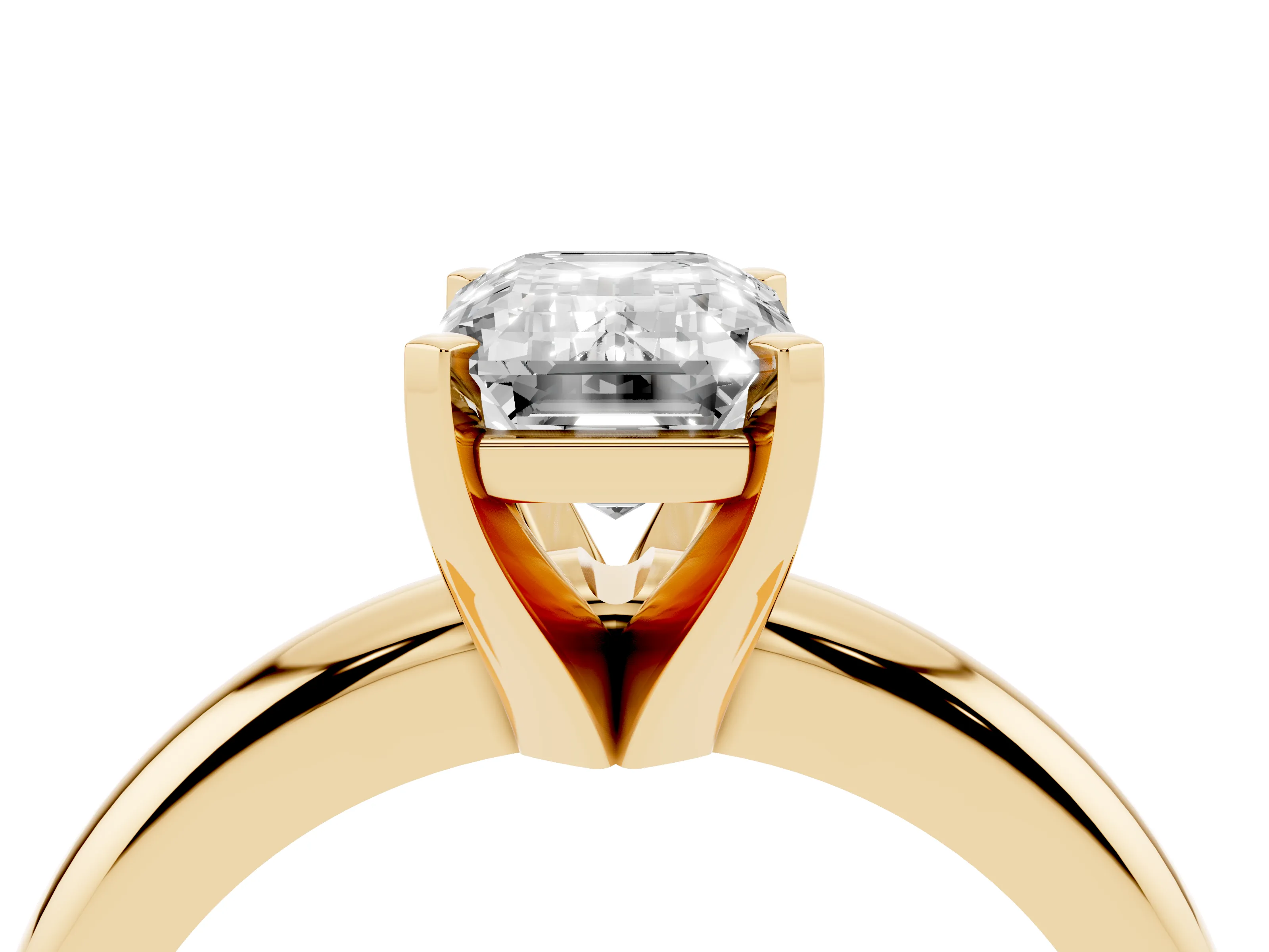 Emerald Cut Diamond Solitaire Engagement Ring Set in Yellow gold with Round Band and Prong Setting