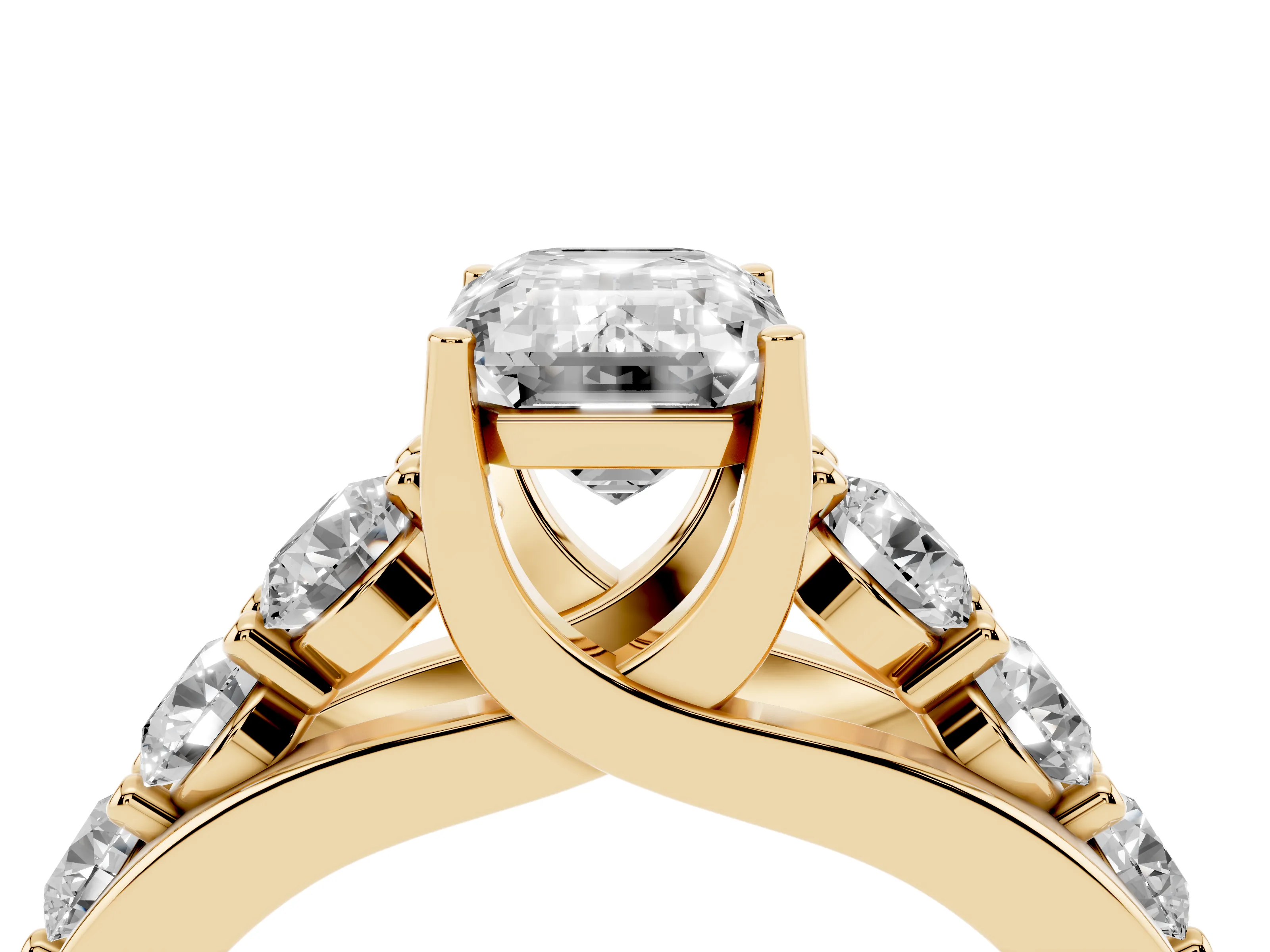 Emerald Cut Diamond Pavé Engagement Ring Set in Yellow gold with Prong Setting