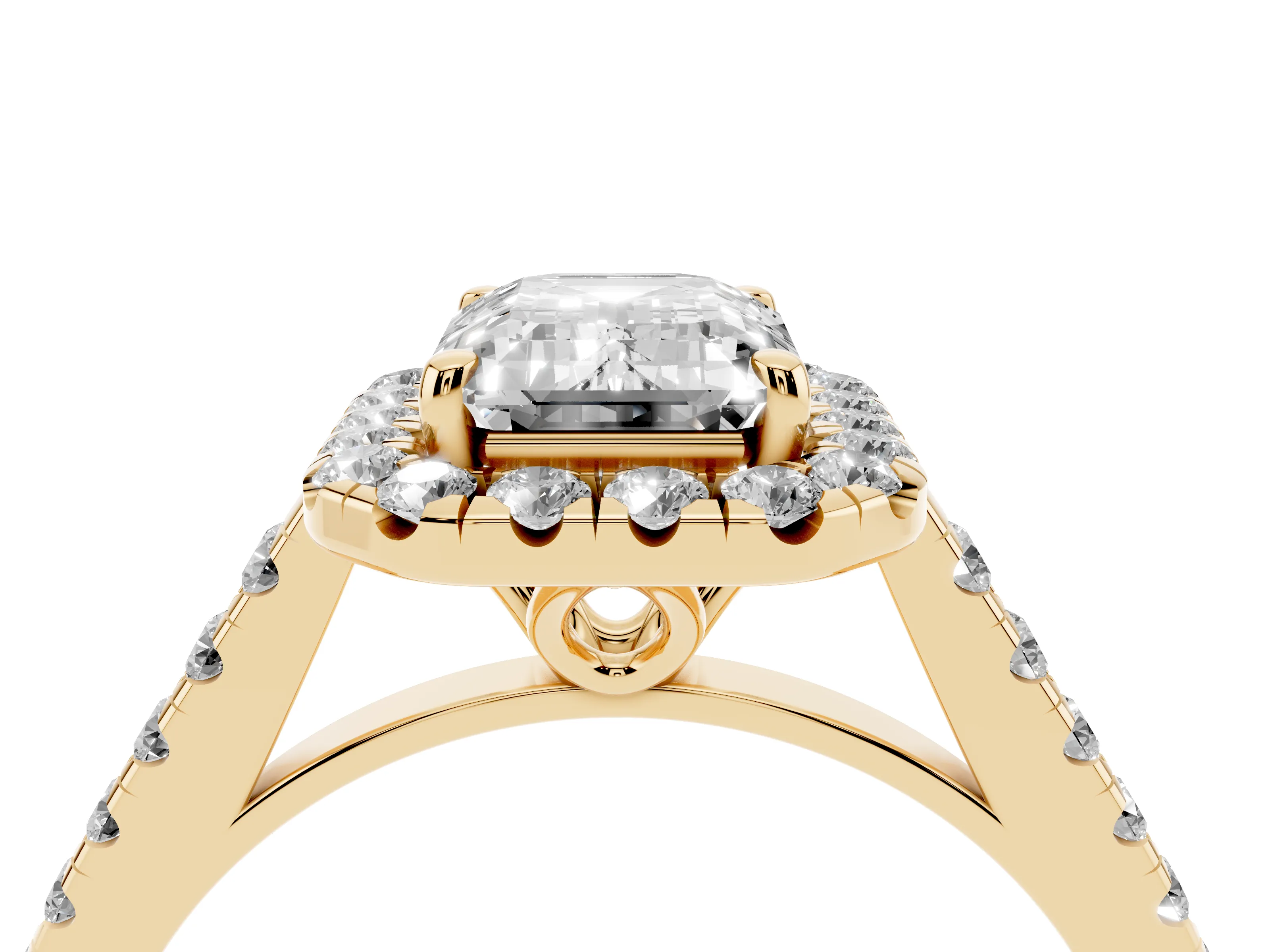 Emerald Cut Diamond Pavé Halo Engagement Ring Set in Yellow gold with Pavé Band and Prong Setting