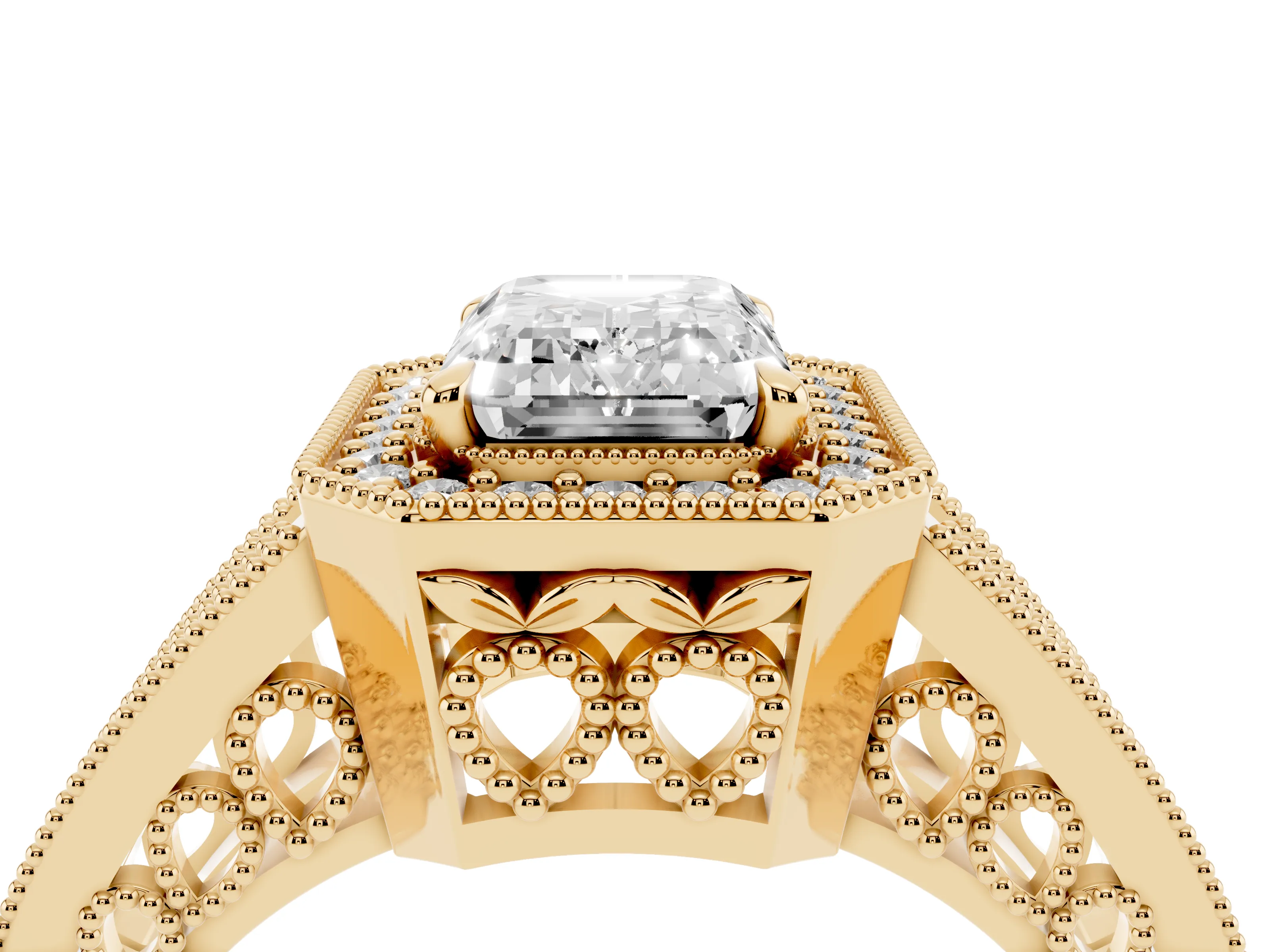 Emerald Cut Diamond Halo Ring Set in Yellow gold with Stone-Set Split Shank and Milgrain Edges