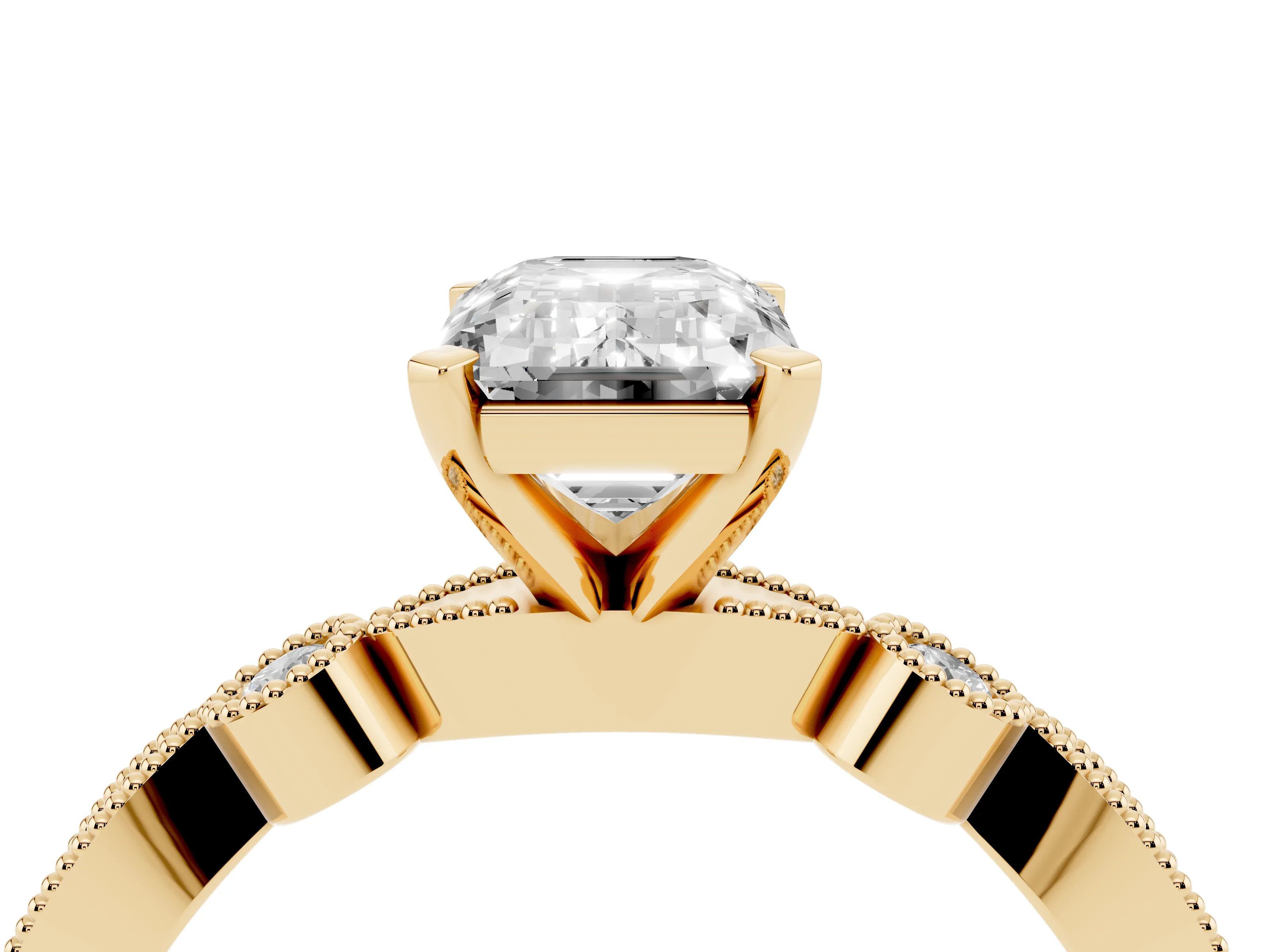 Emerald Cut Diamond Solitaire Engagement Ring Set in Yellow gold with Milgrain Bezel Accent Band