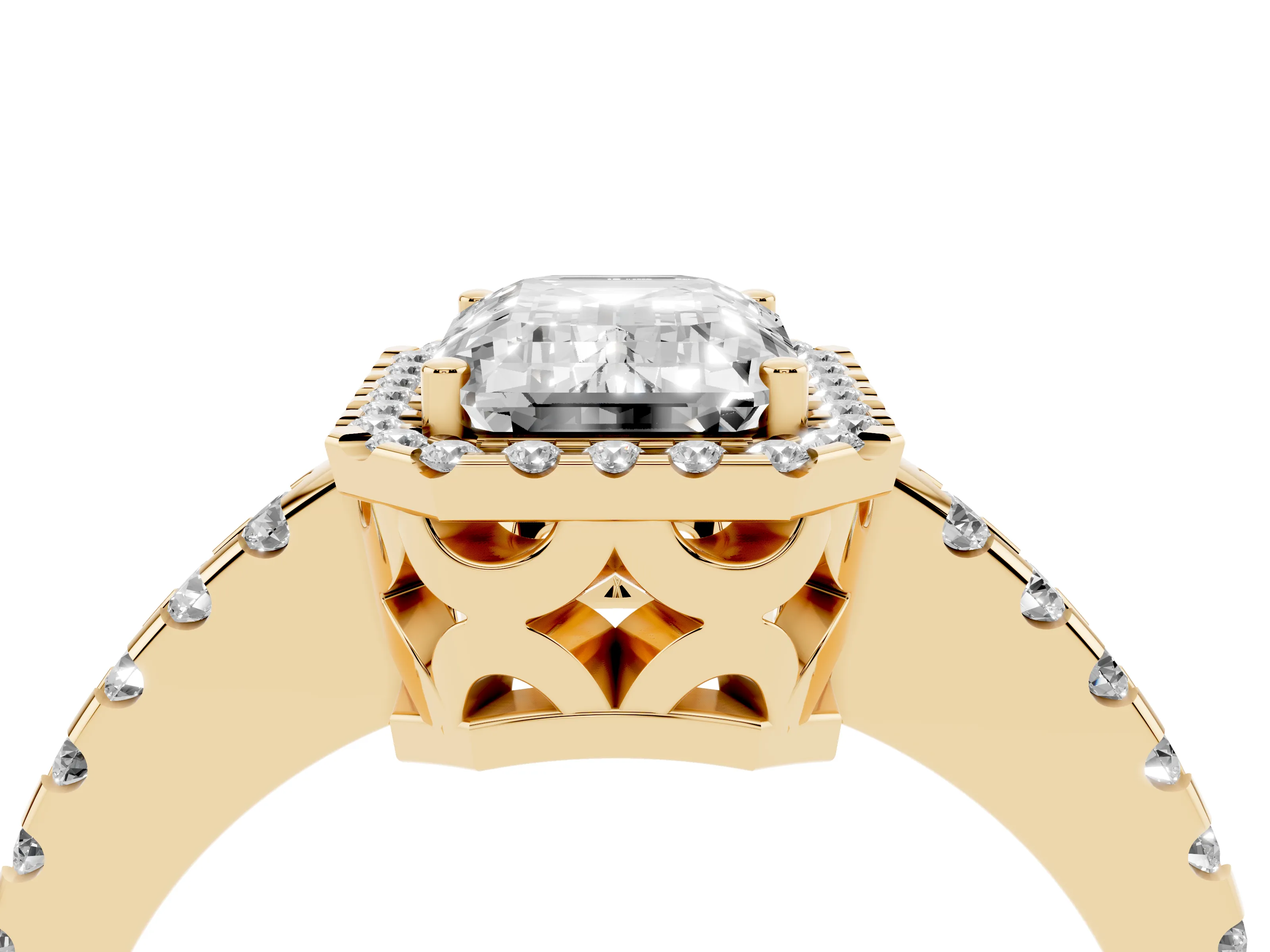 Emerald Cut Diamond Halo Ring Set in Yellow gold with Pavé Shoulders and Halo-Framed Center