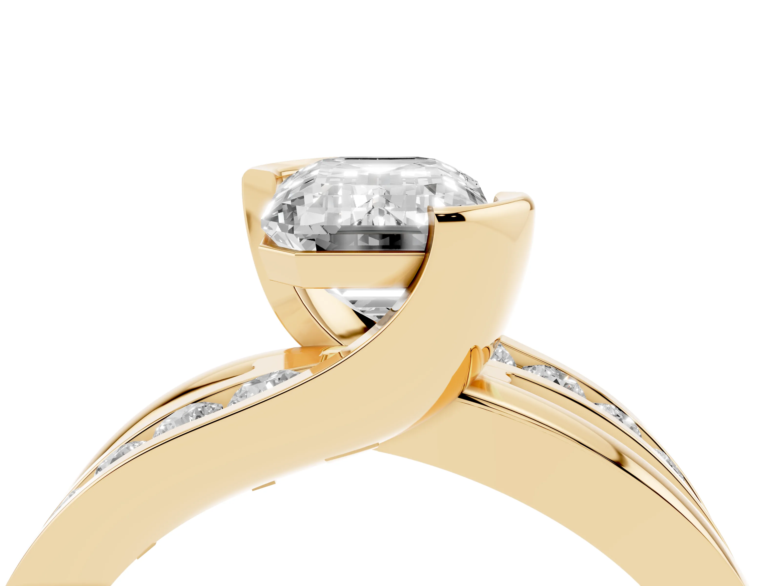 Emerald Cut Diamond Solitaire Ring Set in Yellow gold with Channel Set Split Shank and Tension Prongs