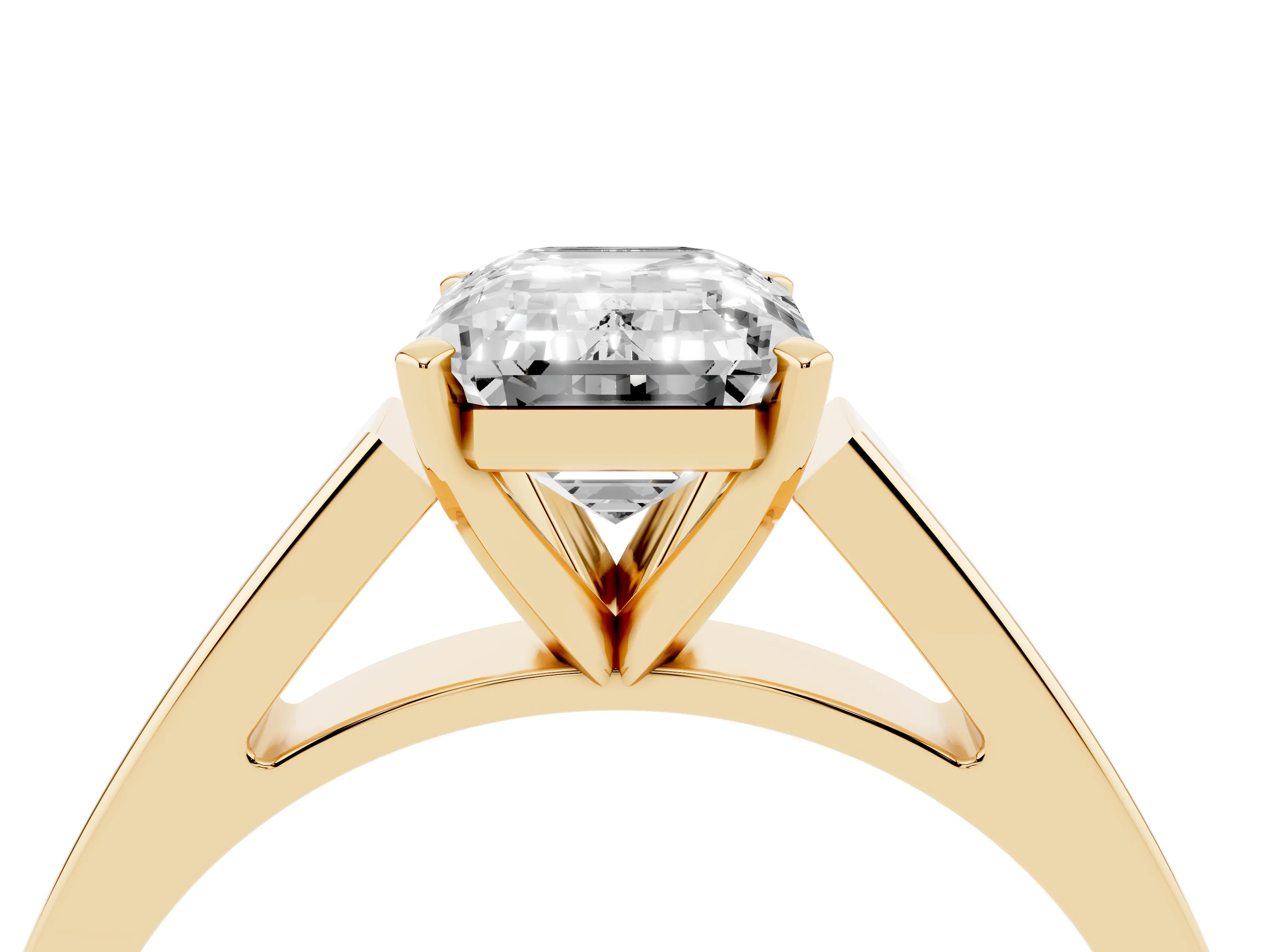 Emerald Cut Diamond Solitaire Engagement Ring Set in Yellow gold with Prong Setting and Tapered Band