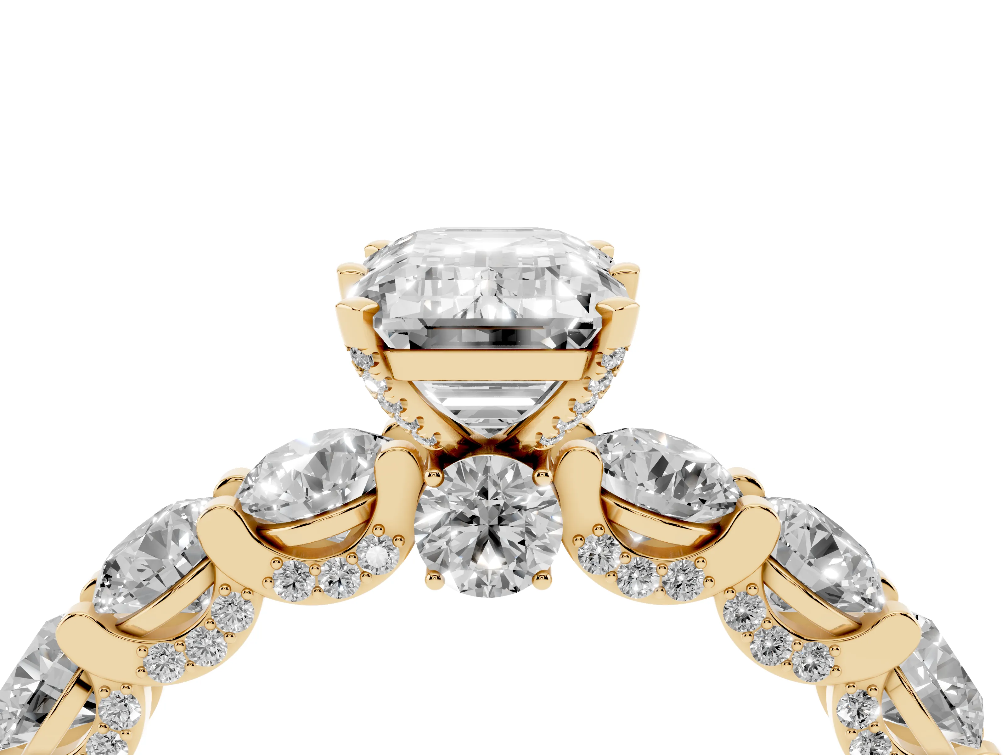 Emerald Cut Diamond Side Stone Ring Set in Yellow gold with Alternating Round and Oval Side Stones