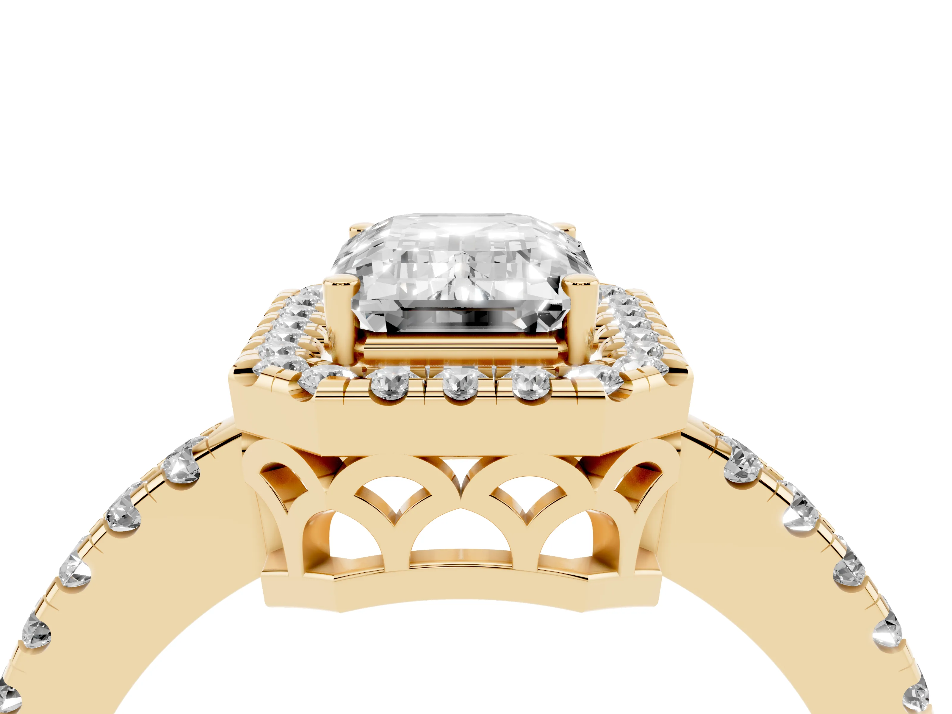 Emerald Cut Diamond Pavé Band Halo Engagement Ring Set in Yellow gold with Prong Setting