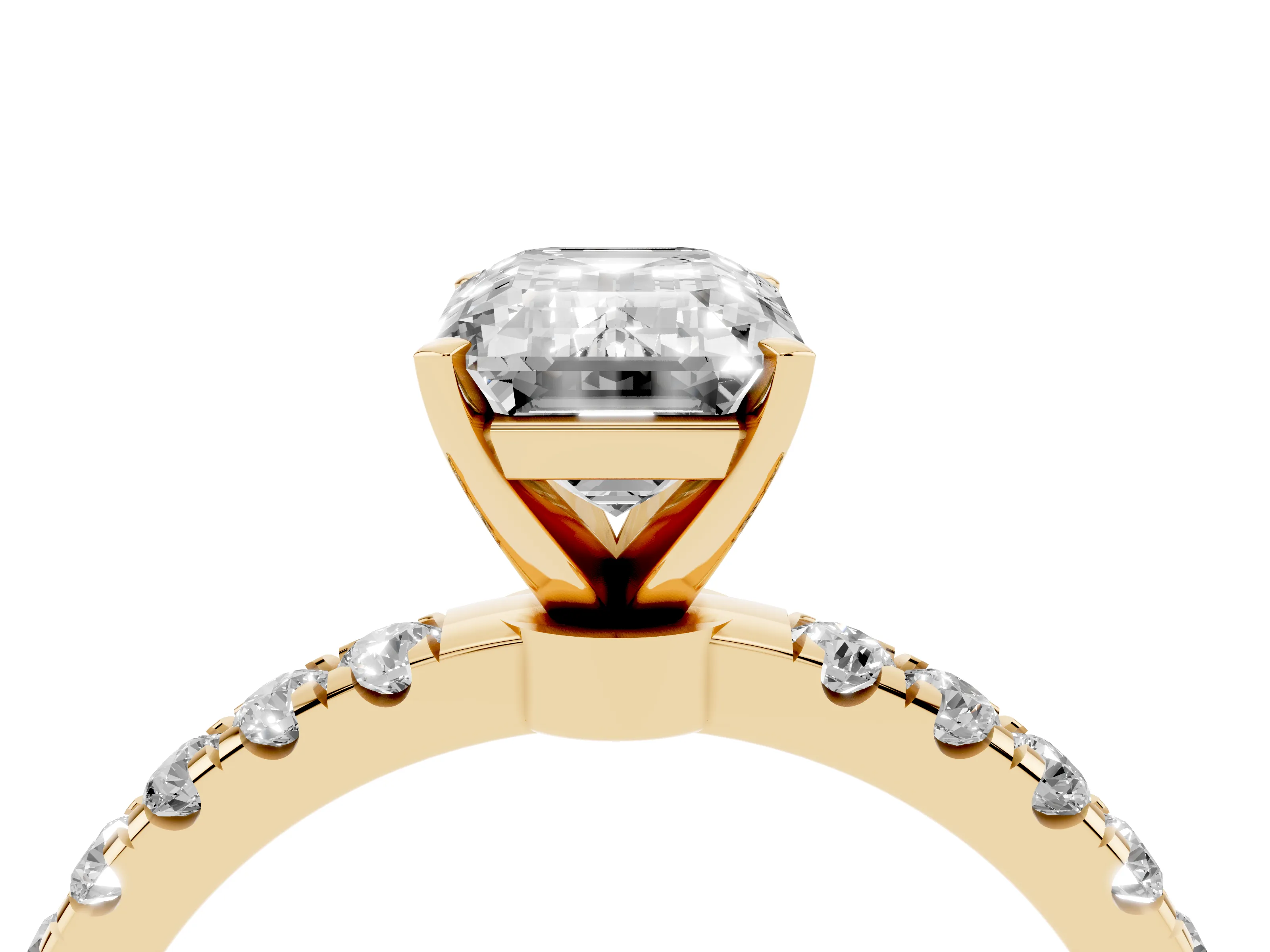 Emerald Cut Diamond Solitaire Ring Set in Yellow gold with Pavé Accents and Prong Setting