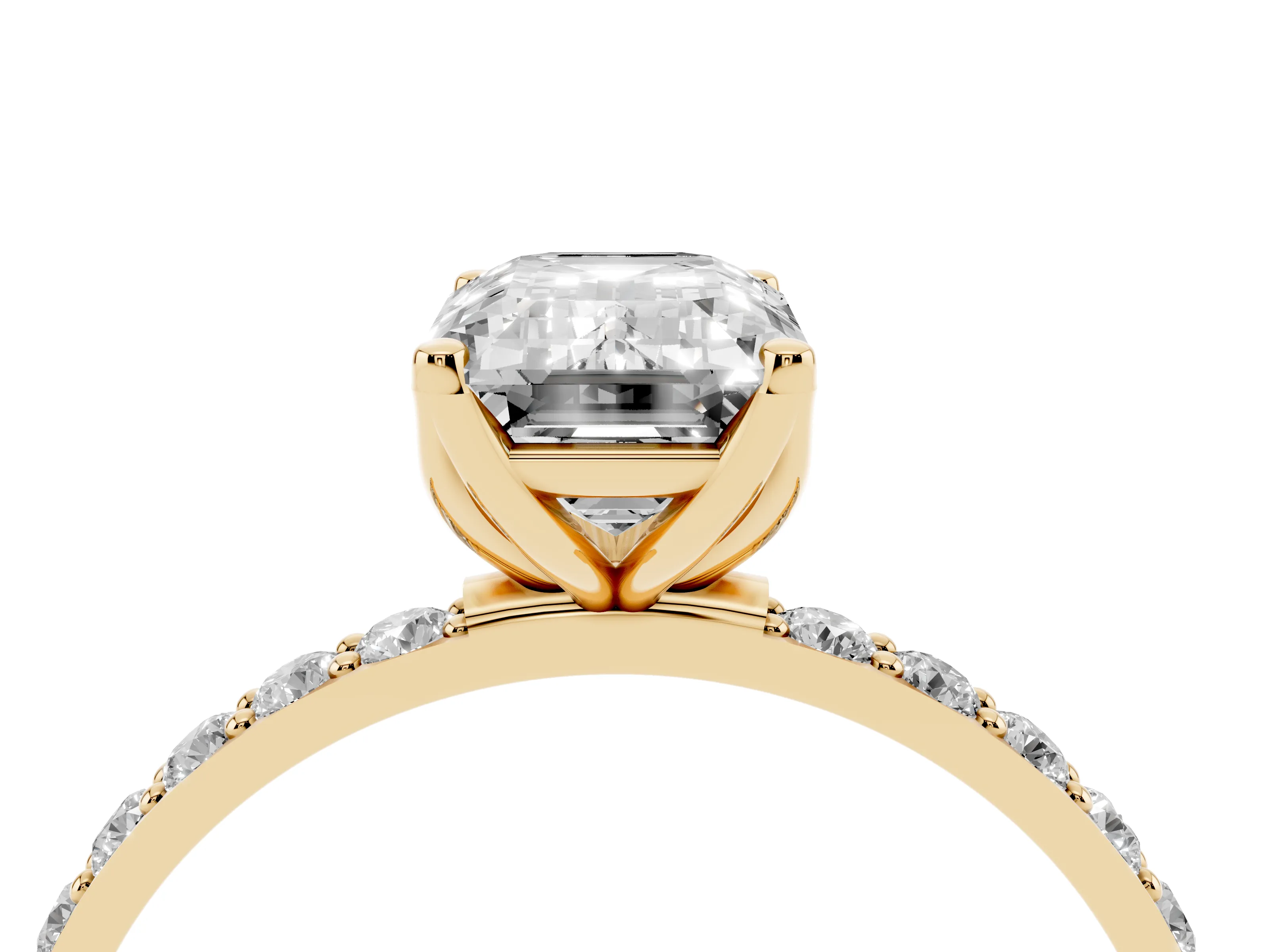 Emerald Cut Diamond Solitaire Engagement Ring Set in Yellow gold with Round Pavé Band and Prong Setting
