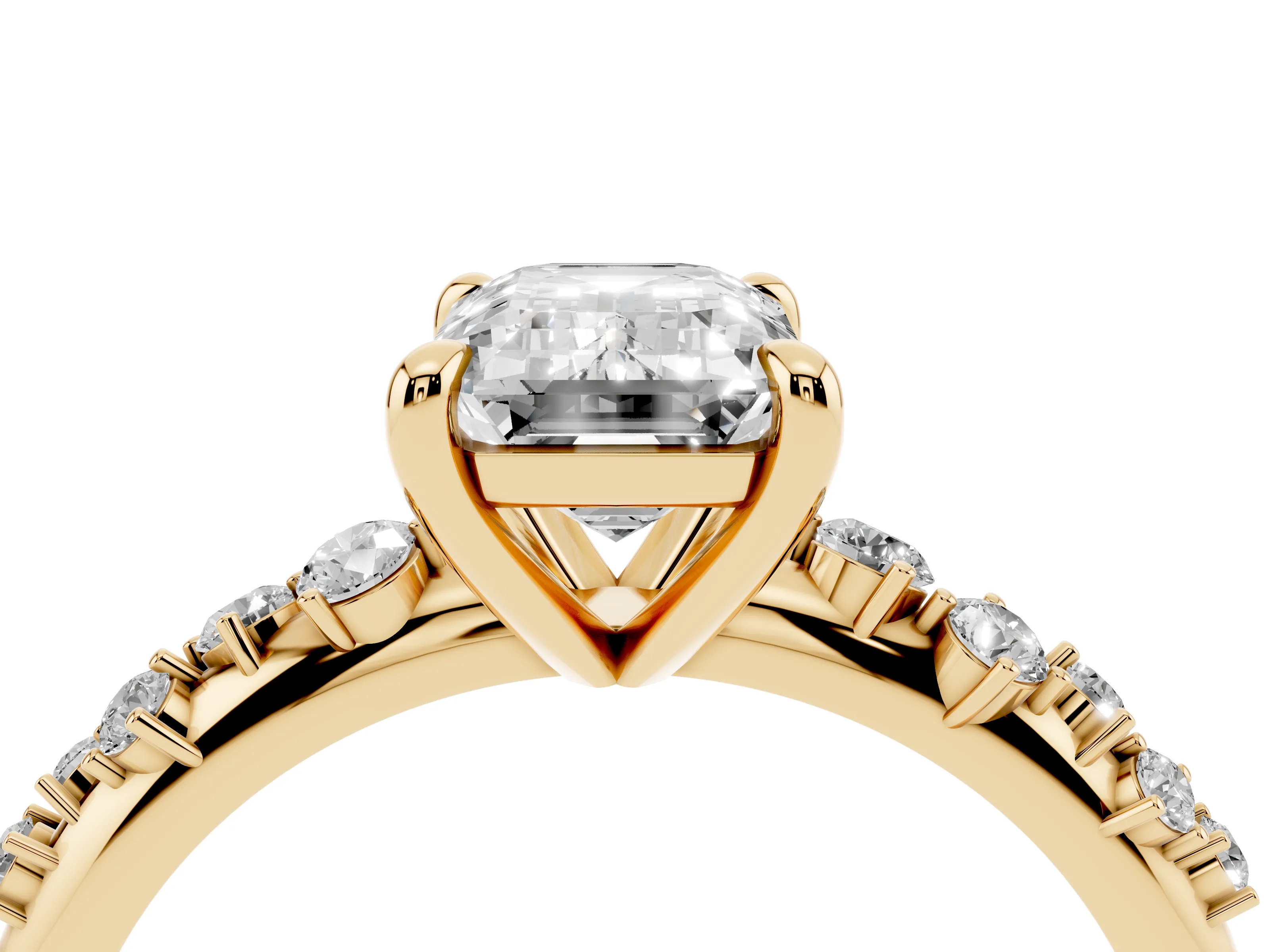 Emerald Cut Diamond Solitaire Vine Band Ring Set in Yellow gold with Round Accents and Prong Setting