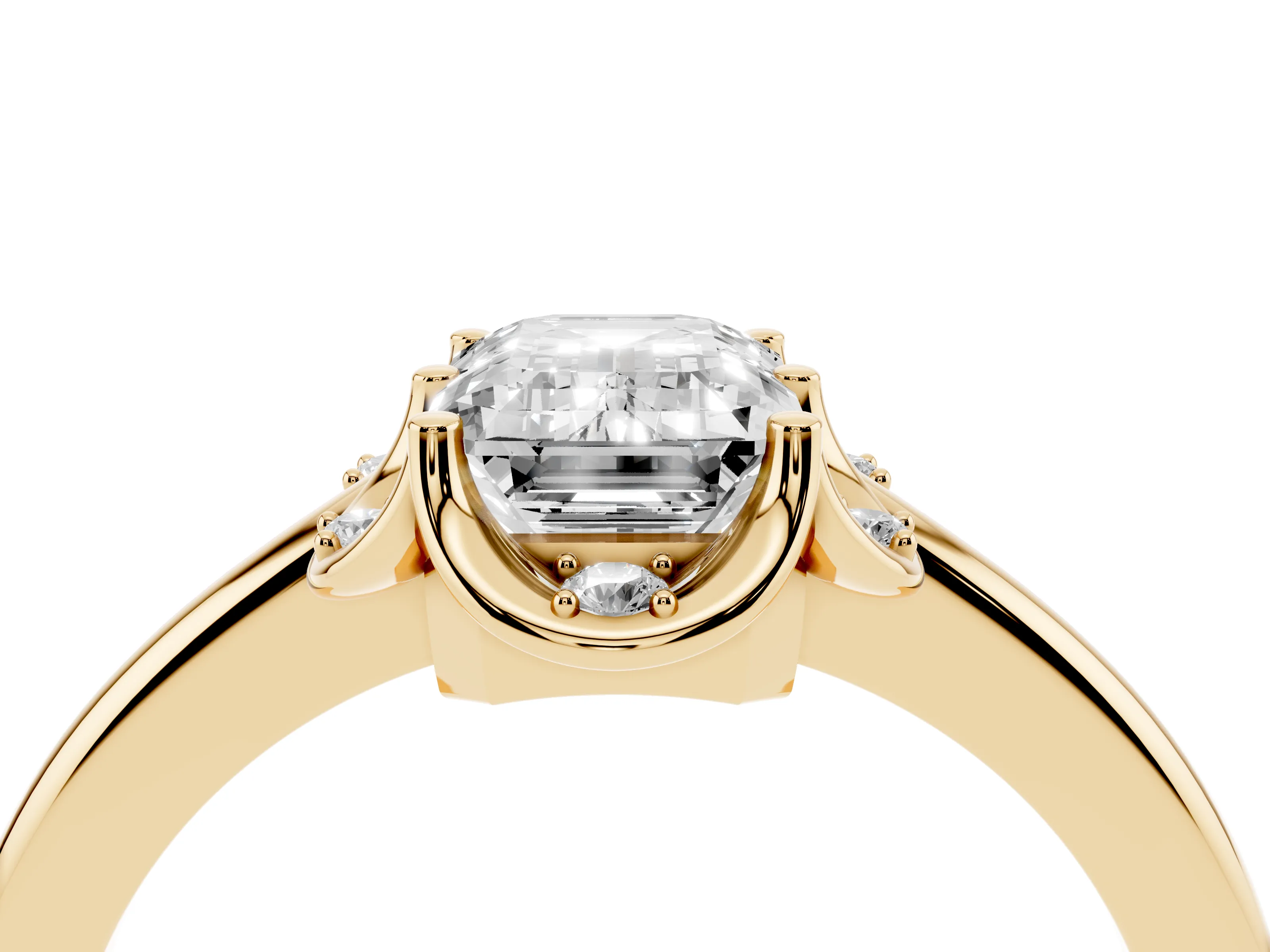 Emerald Cut Diamond Round Cluster Halo Ring Set in Yellow gold with Solitaire Band and Prong Setting