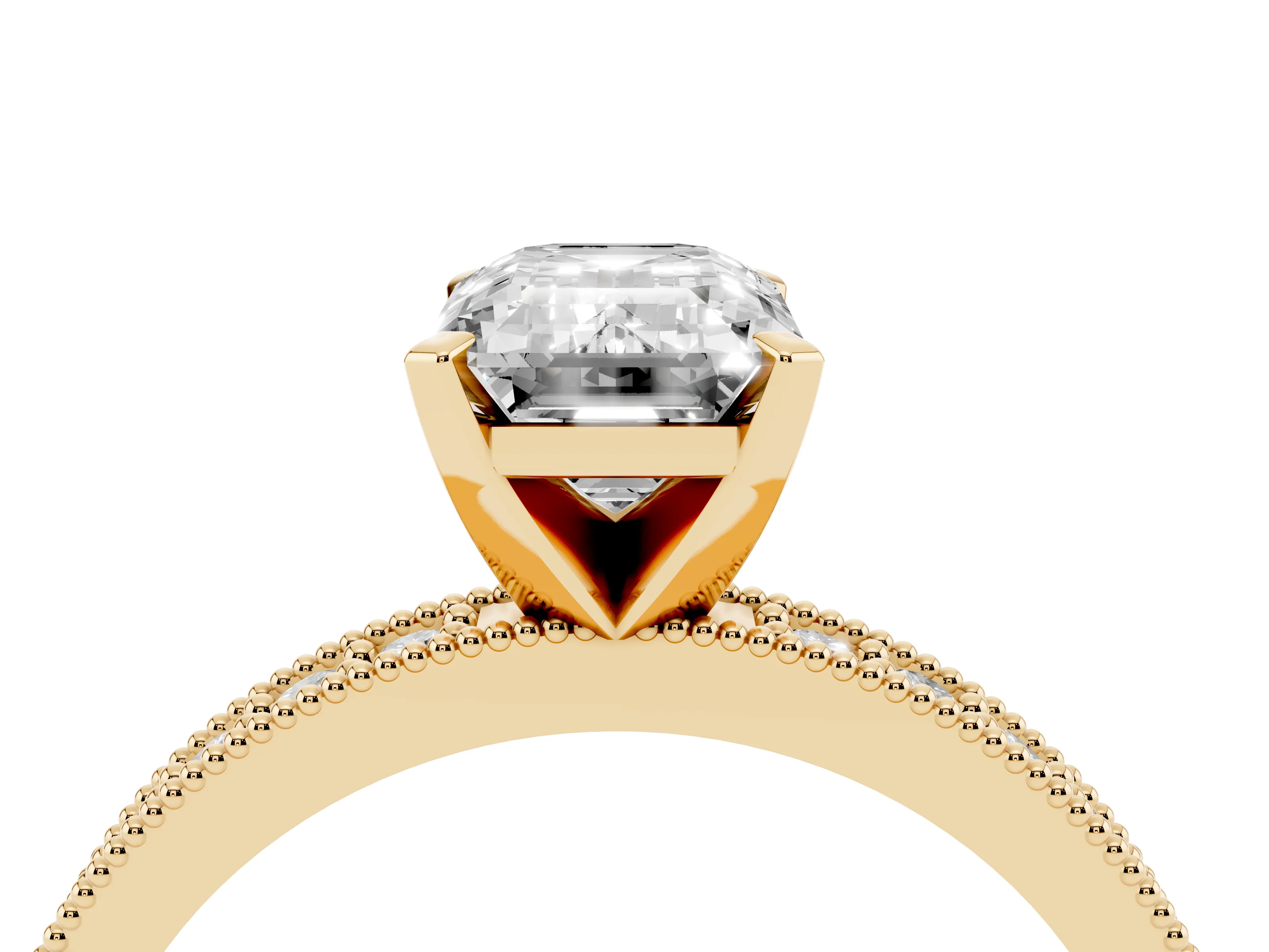 Emerald Cut Diamond Milgrain Pavé Engagement Ring Set in Yellow gold with Prong Setting