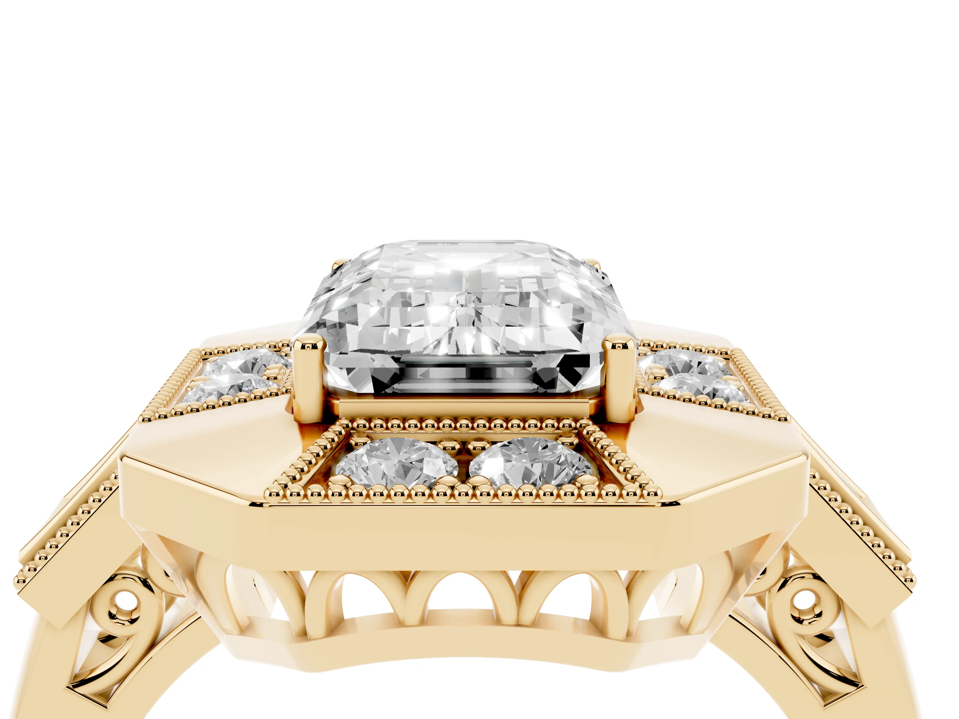 Emerald Cut Diamond Milgrain Halo Ring Set in Yellow gold with Split Shank