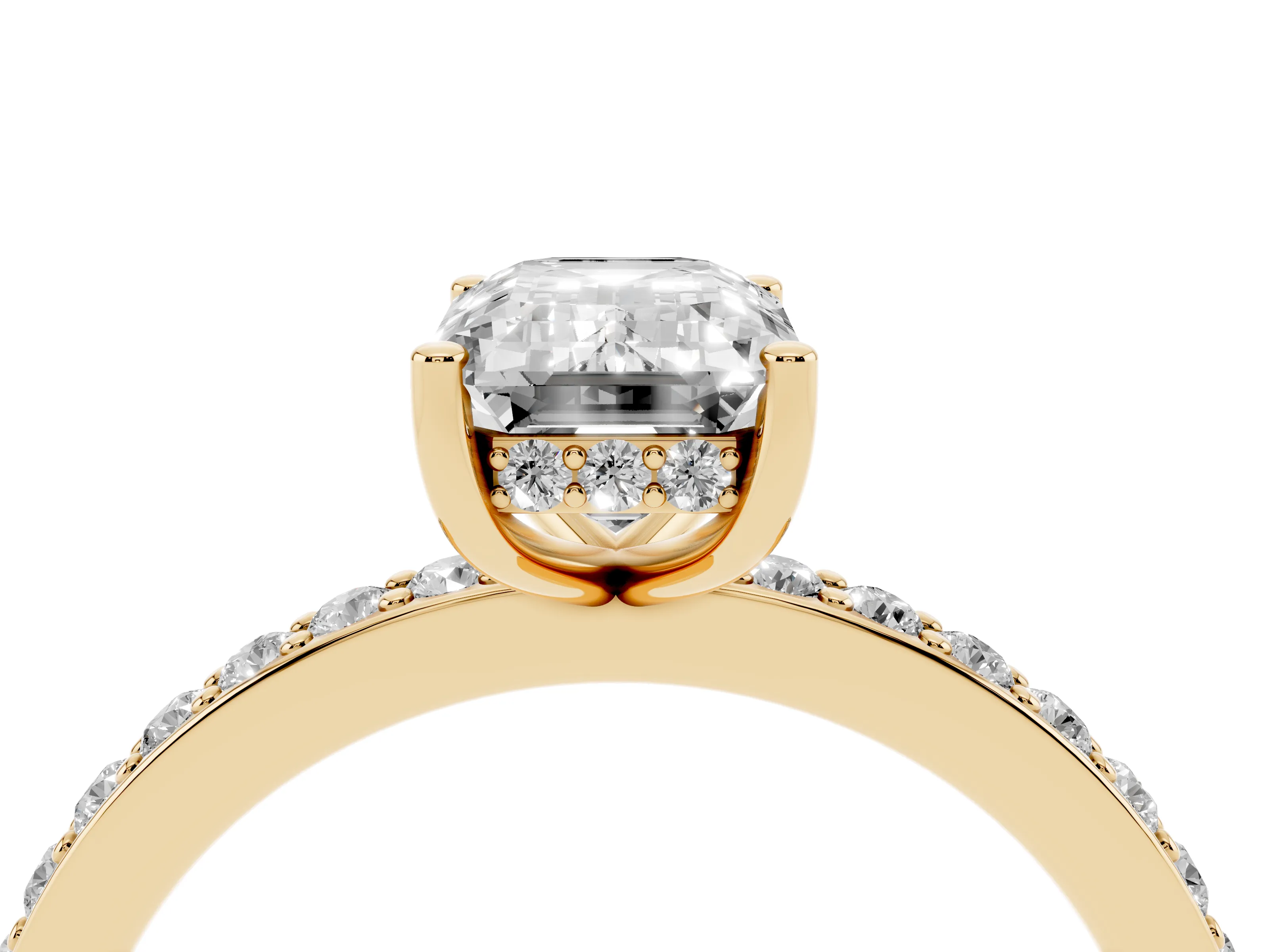 Emerald Cut Diamond Pavé Band Ring Set in Yellow gold with Prong-Set Center Stone