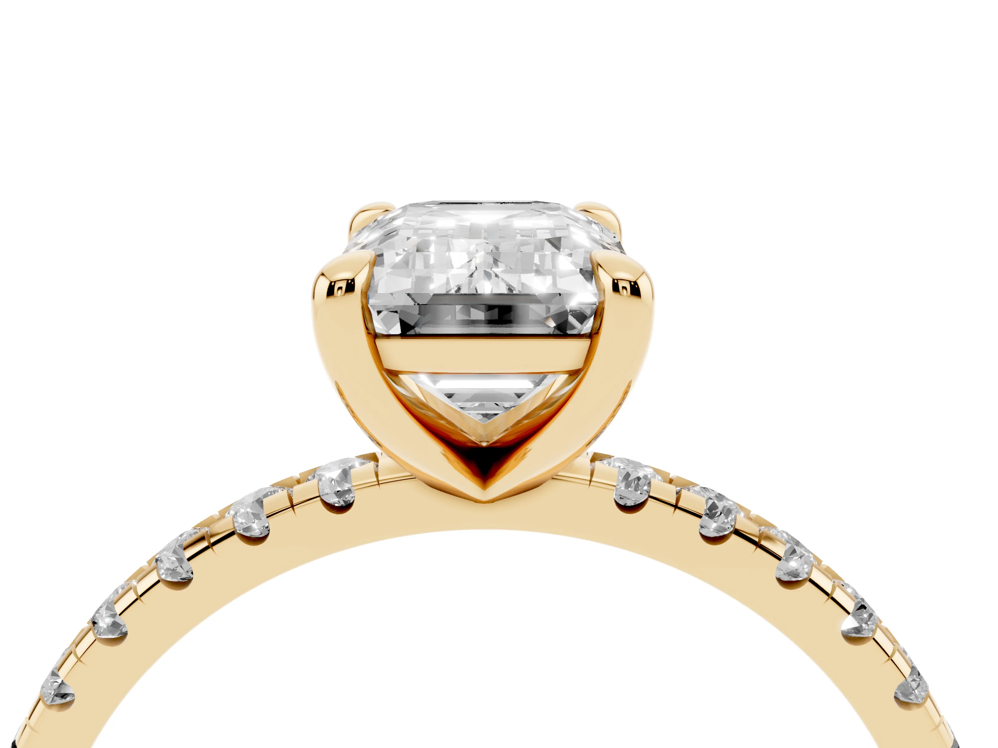 Emerald Cut Diamond Brilliant Solitaire Ring Set in Yellow gold with Pavé Band and Prong Setting