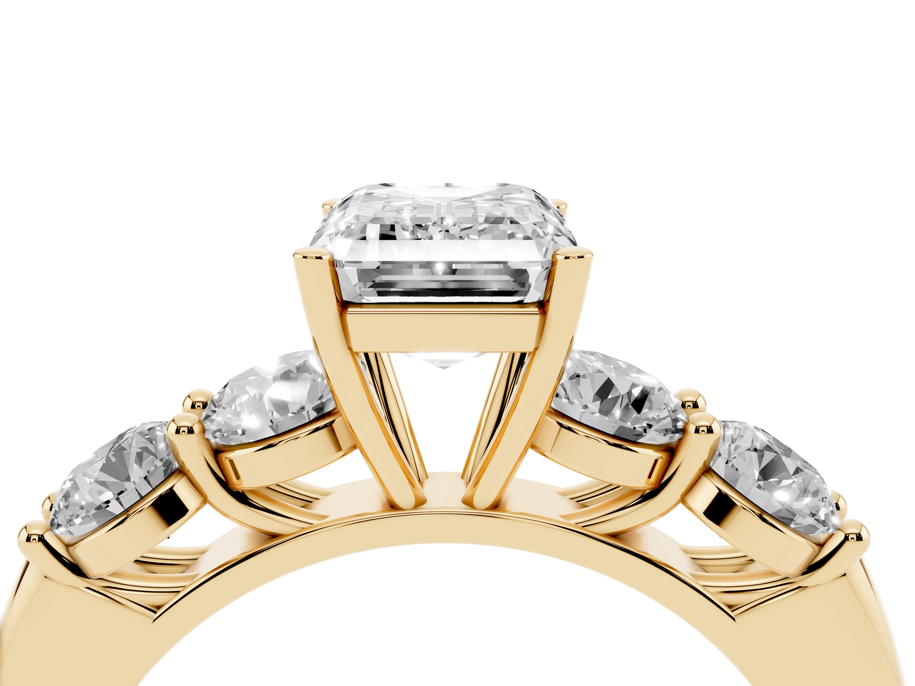 Emerald Cut Diamond Five-Stone Prong Set Ring Set in Yellow gold with Classic Band