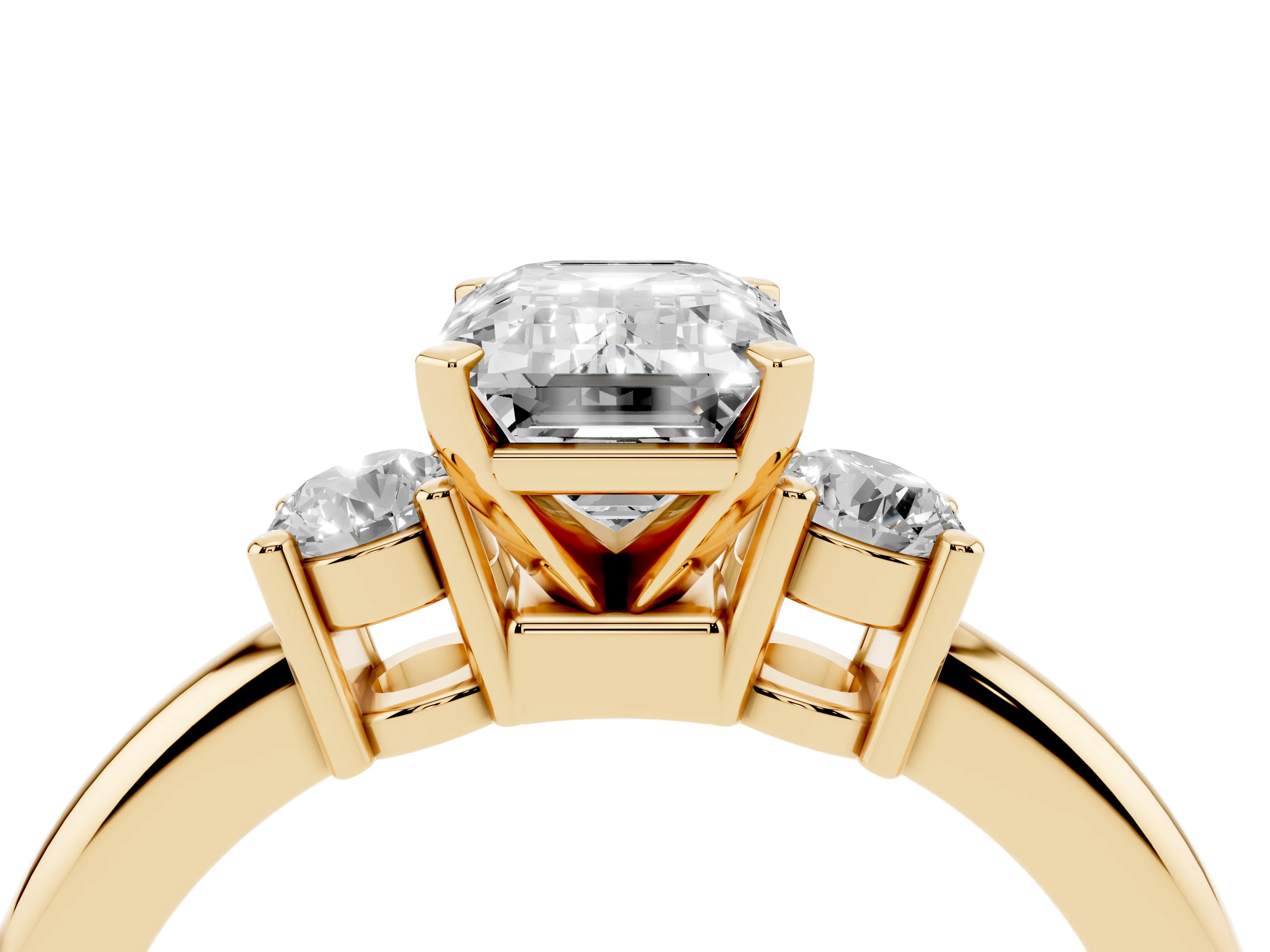 Three-Stone Emerald Cut Diamond Ring Set in Yellow gold with Prong Setting and Plain Band
