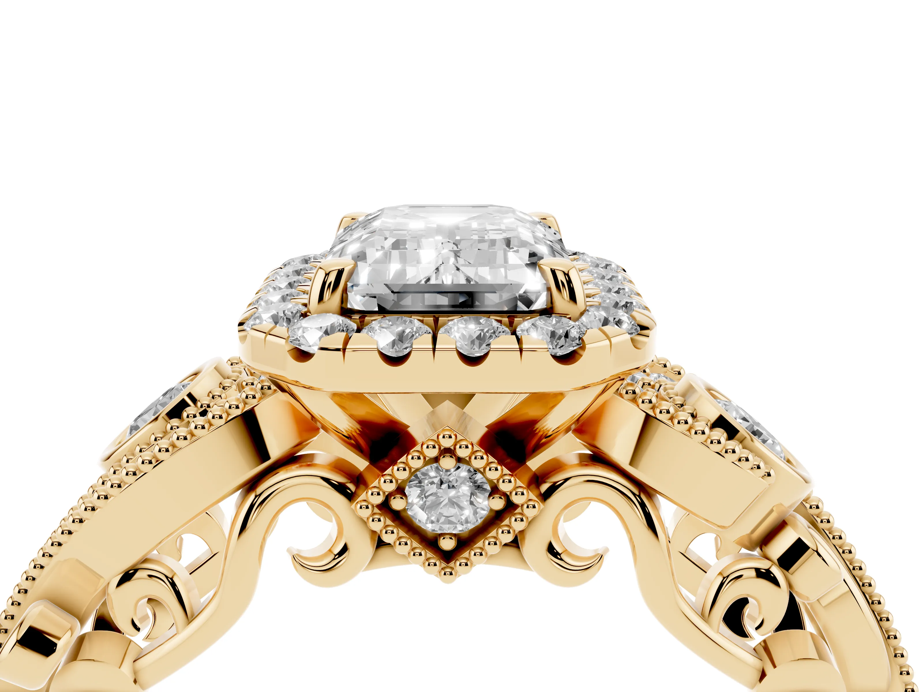 Emerald Cut Diamond Halo Ring Set in Yellow gold with Milgrain Pavé Band and Prong Setting
