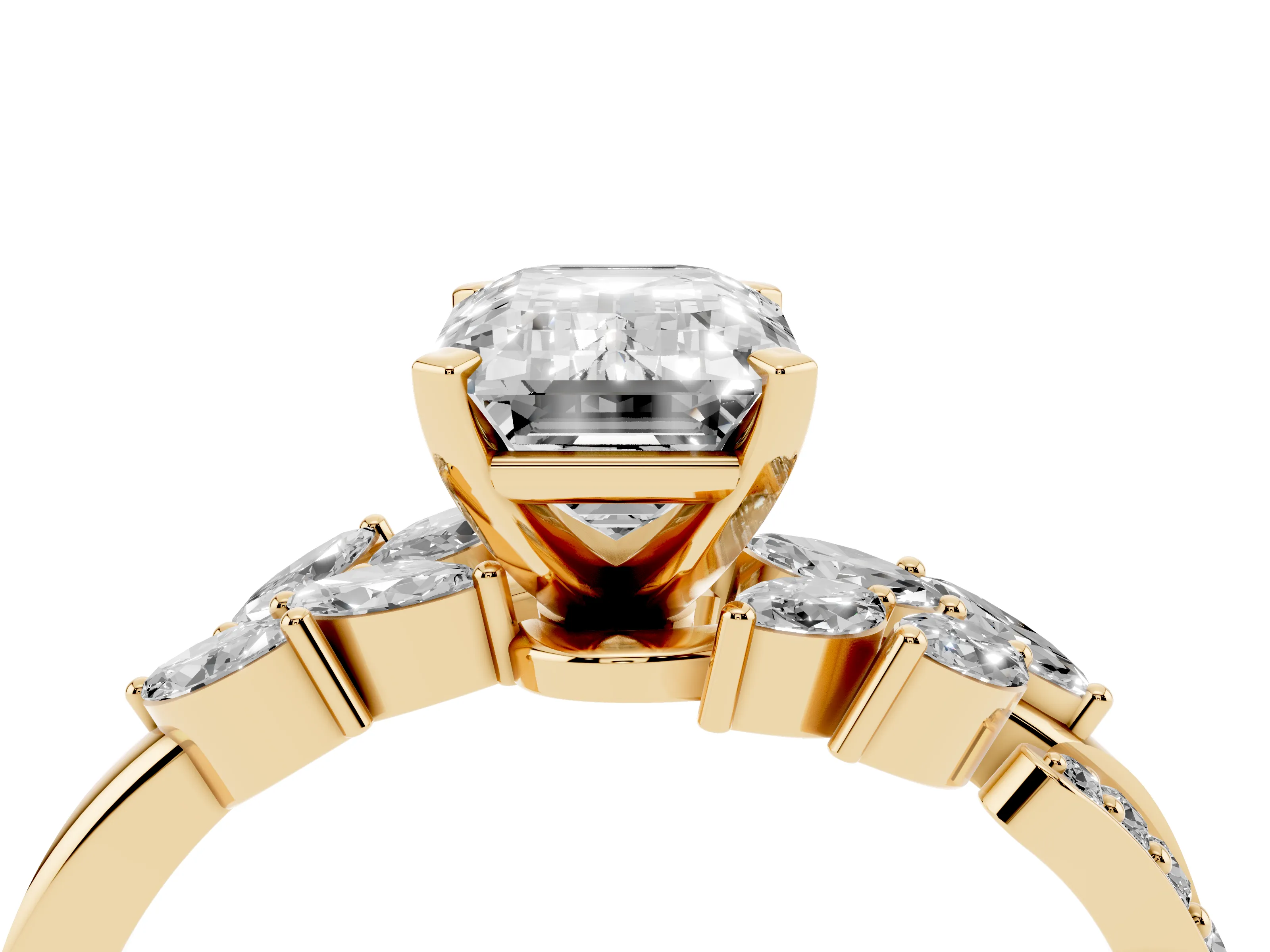Emerald Cut Diamond Solitaire Ring Set in Yellow gold with Marquise Twist Band and Prong Setting