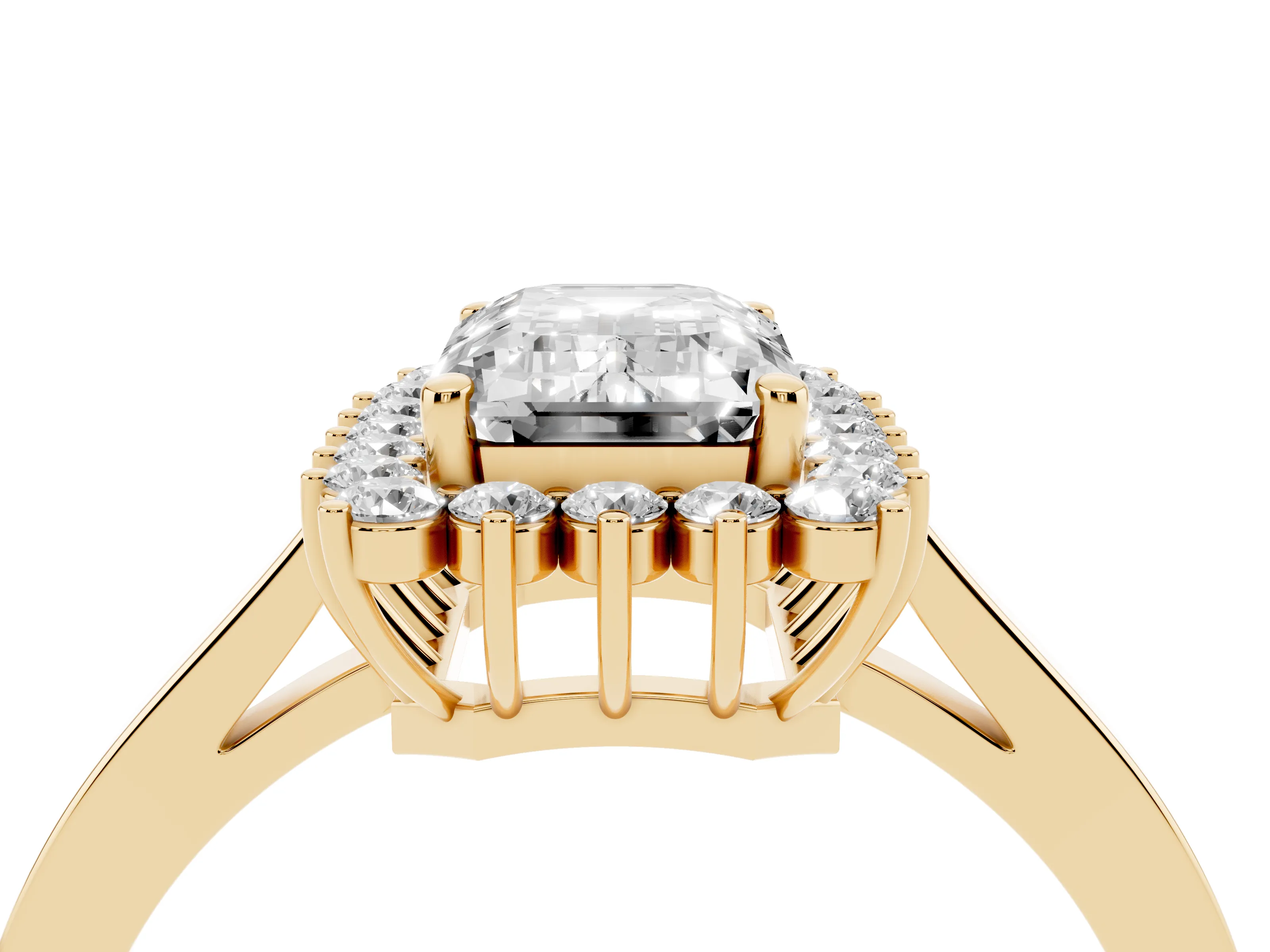 Emerald Cut Diamond Halo Ring Set in Yellow gold with Round Halo and Smooth Solitaire Band