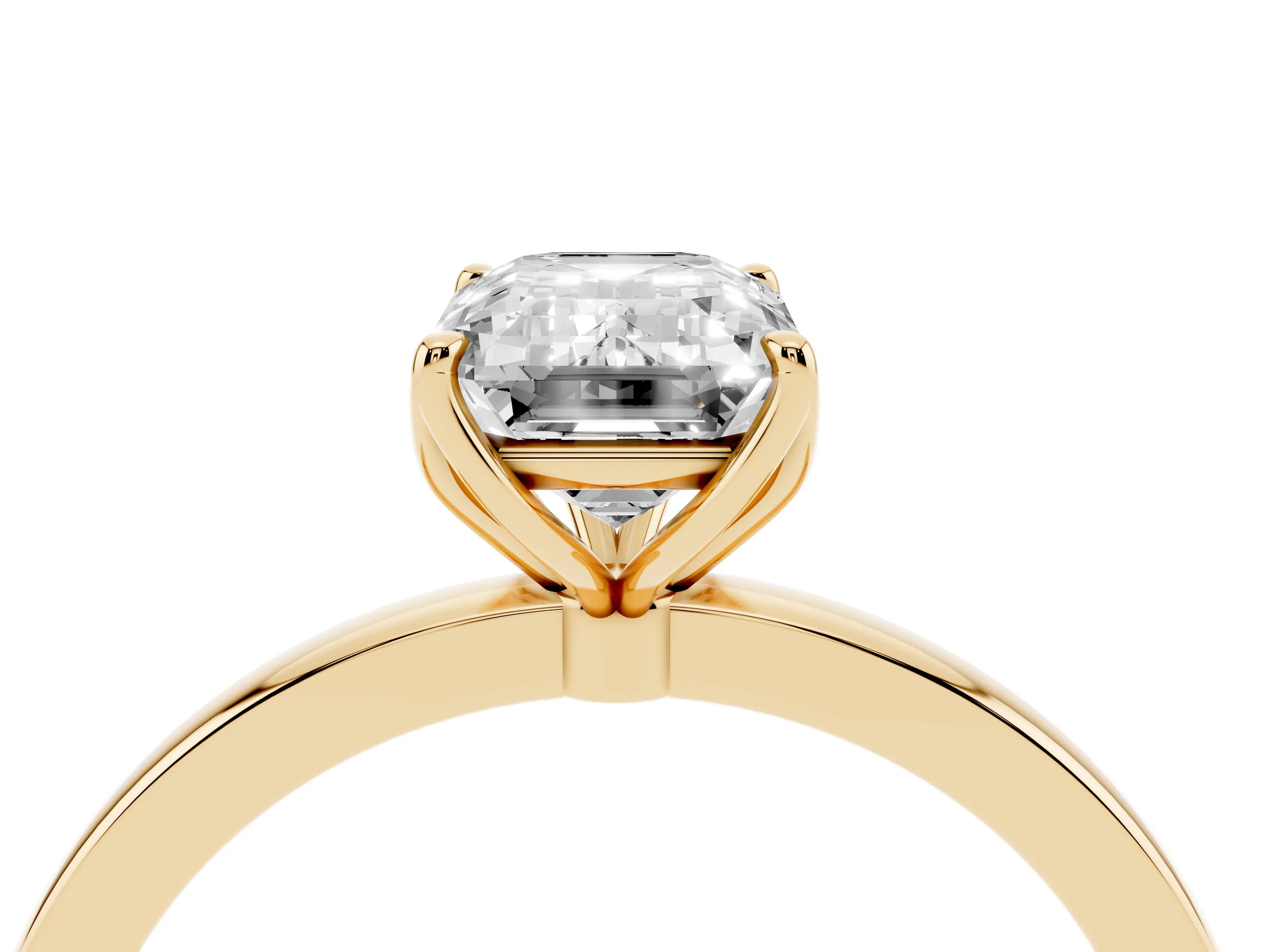 Emerald Cut Diamond Solitaire Ring Set in Yellow gold with Prong Setting and Thin Polished Band
