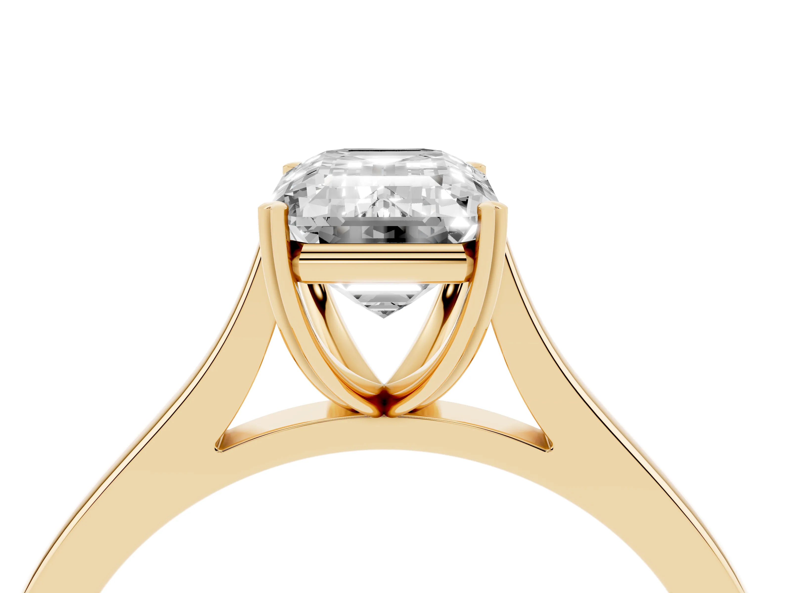 Emerald Cut Diamond Solitaire Heart Prong Engagement Ring Set in Yellow gold with Tapered Band