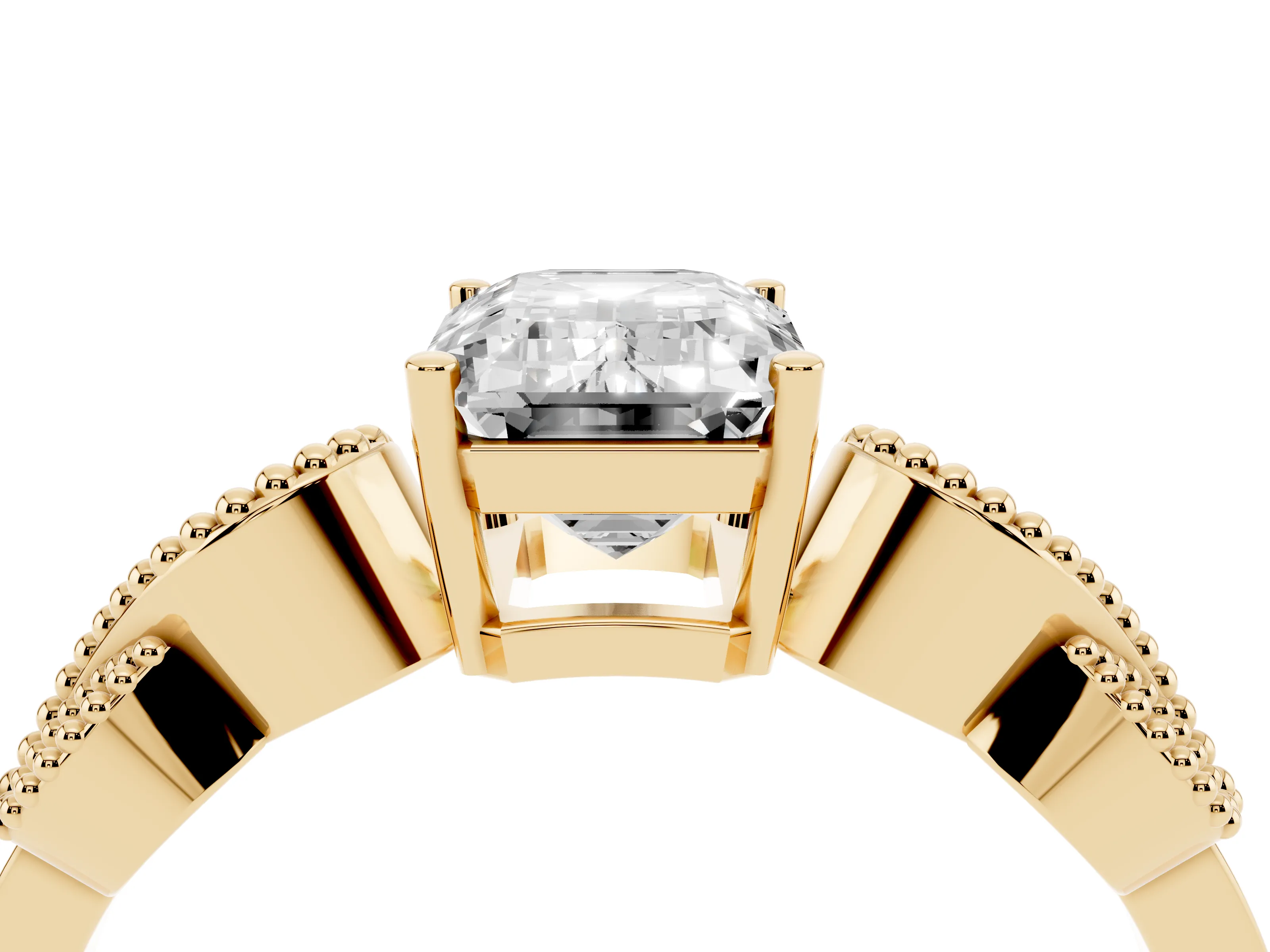 Emerald Cut Diamond Milgrain Leaf Band Solitaire Ring Set in Yellow gold with Accent Stones and Prong Setting