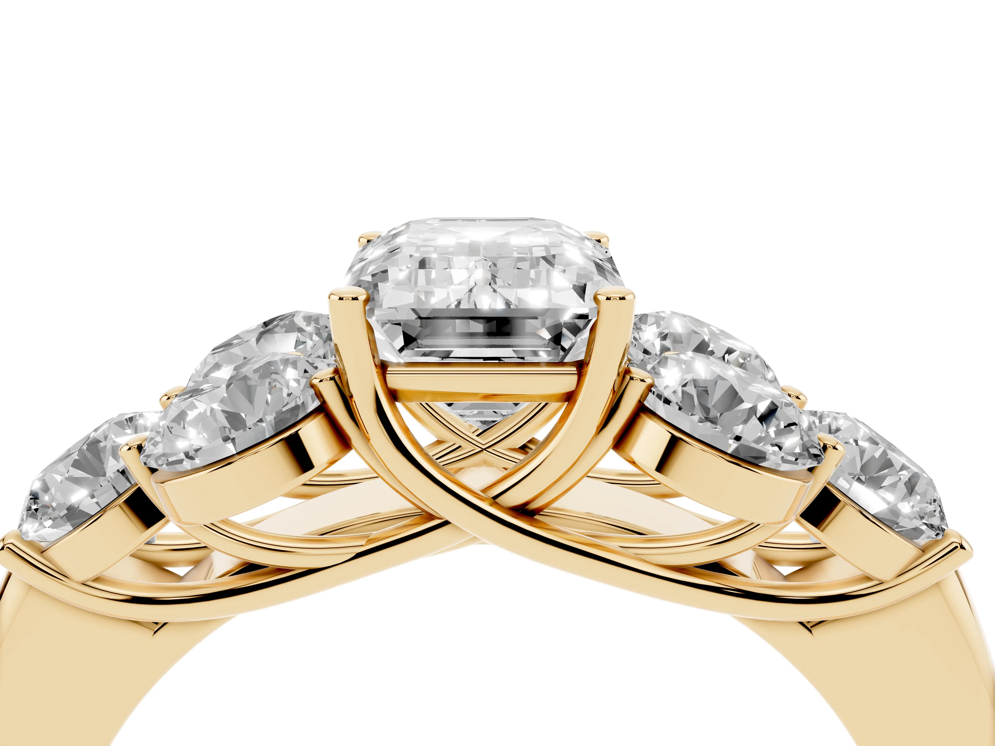 Emerald Cut Diamond Cluster Ring Set in Yellow gold with Round Accent Stones and Prong Setting on a Plain Band
