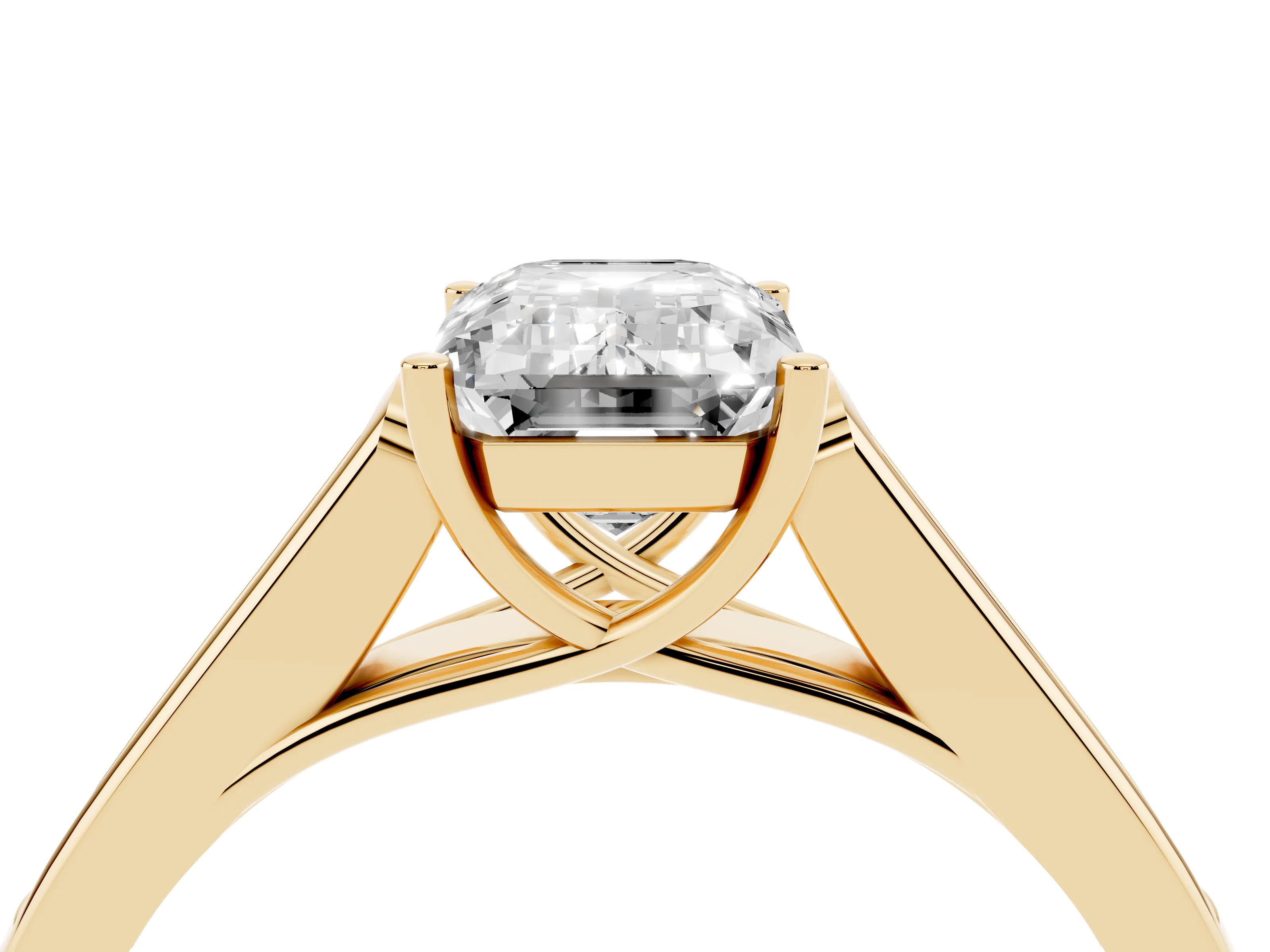 Emerald Cut Diamond Solitaire Cathedral Engagement Ring Set in Yellow gold with Channel-Set Band and Prong Setting