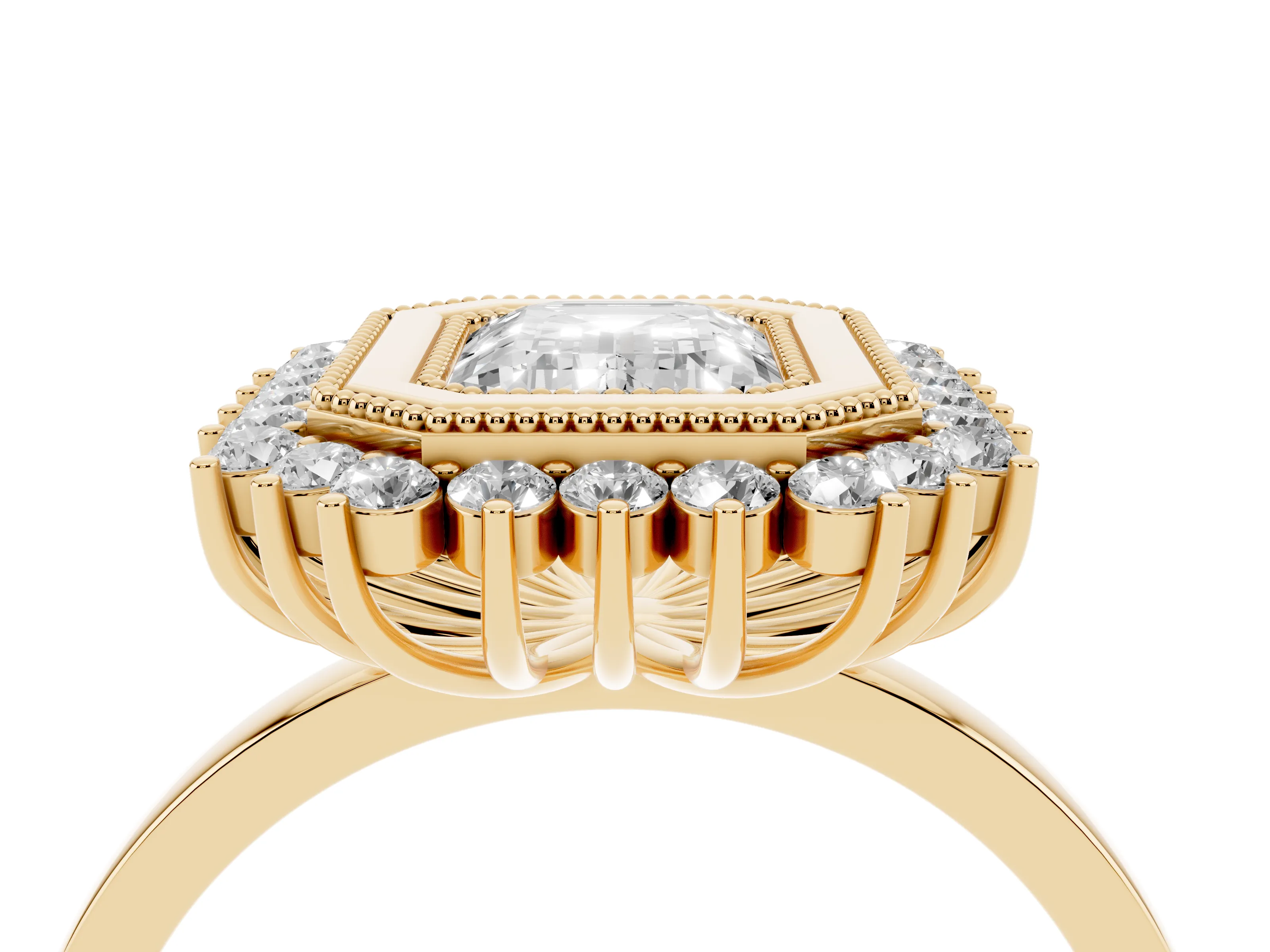 Emerald Cut Diamond Halo Ring Set in Yellow gold with Milgrain Edge and Round Prong Setting