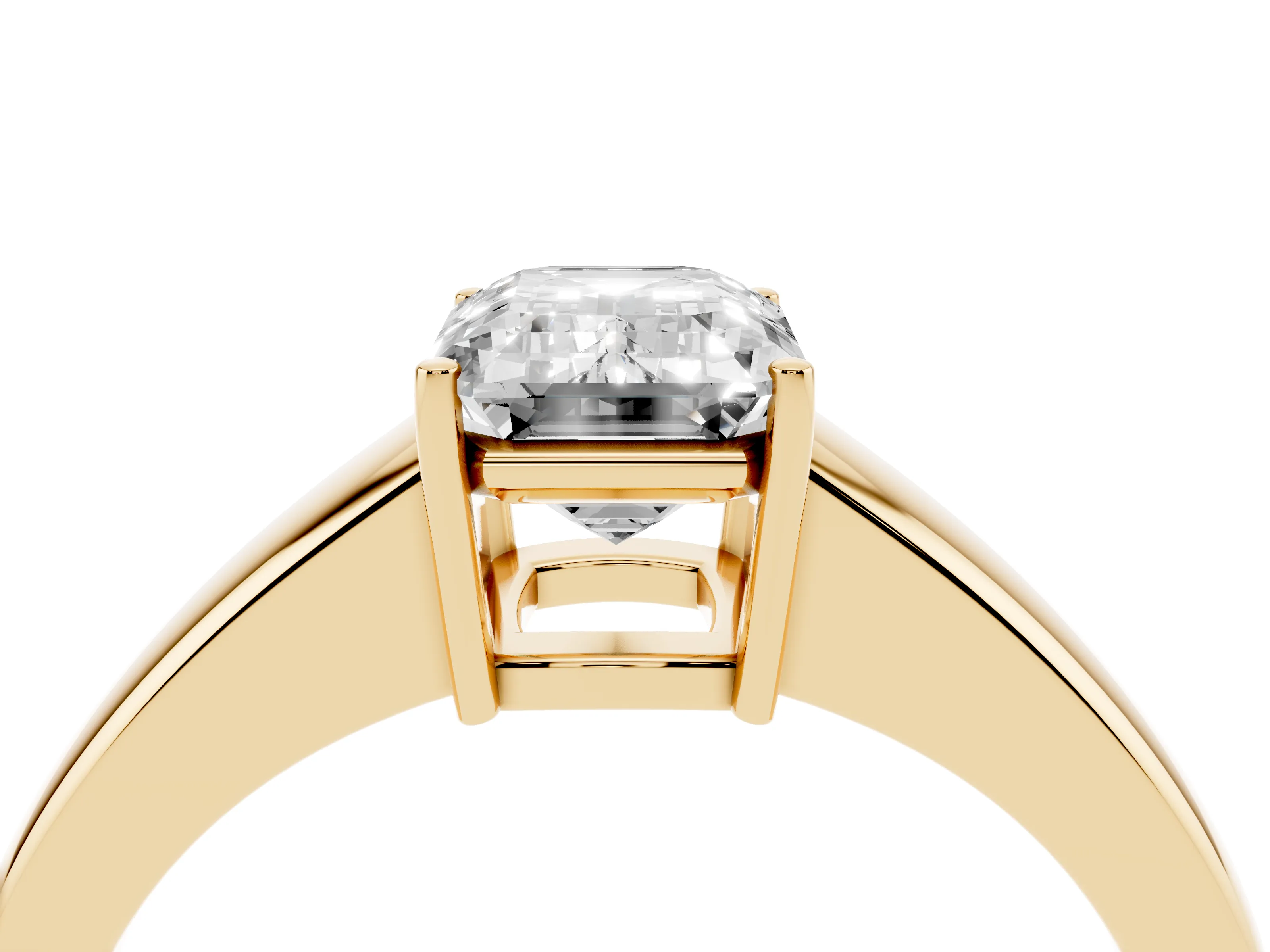 Emerald Cut Diamond Solitaire Ring Set in Yellow gold with Tapered Band and Prong Setting