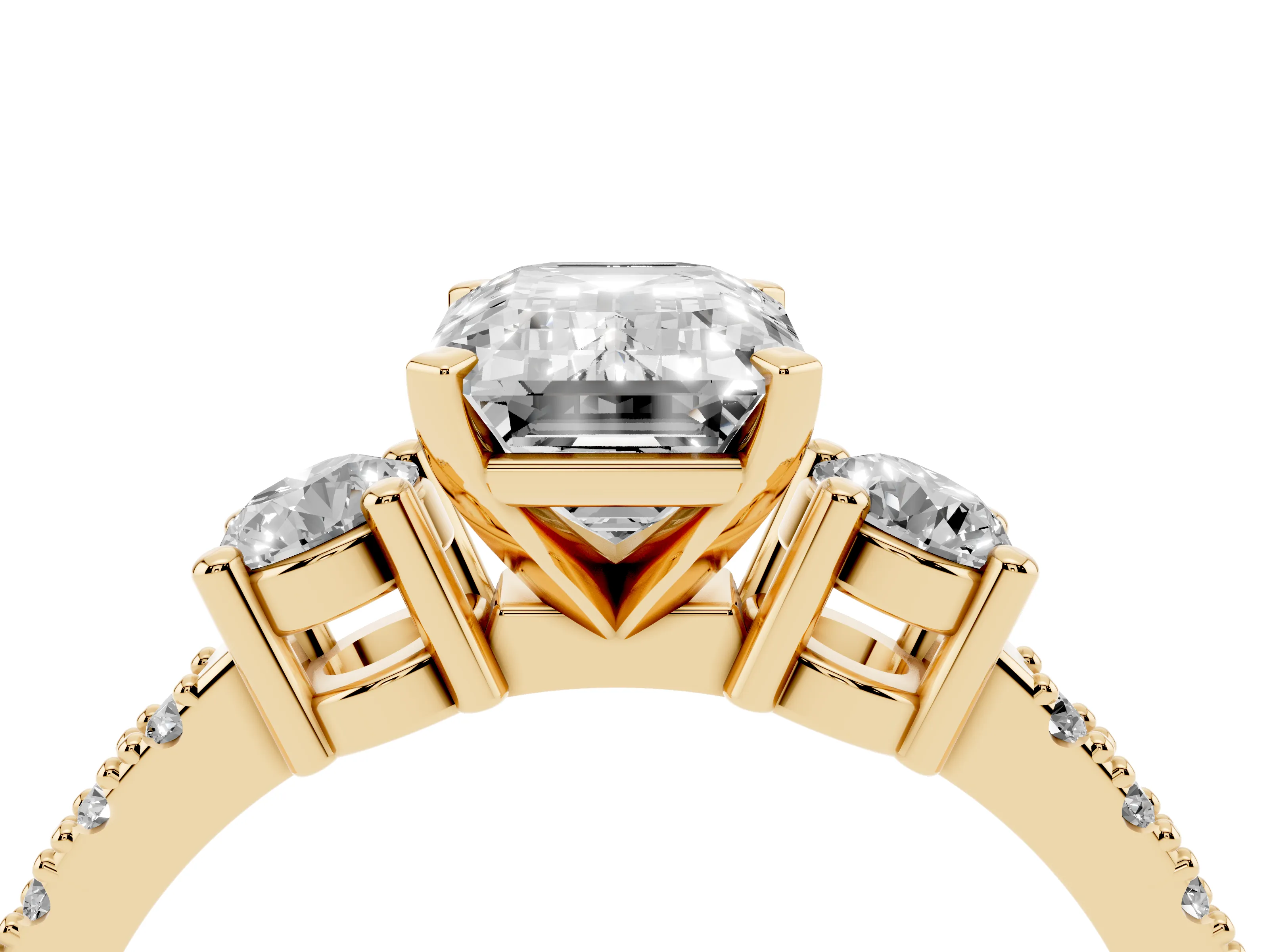 Three-Stone Emerald Cut Diamond Pavé Band Ring Set in Yellow gold with Prong Setting