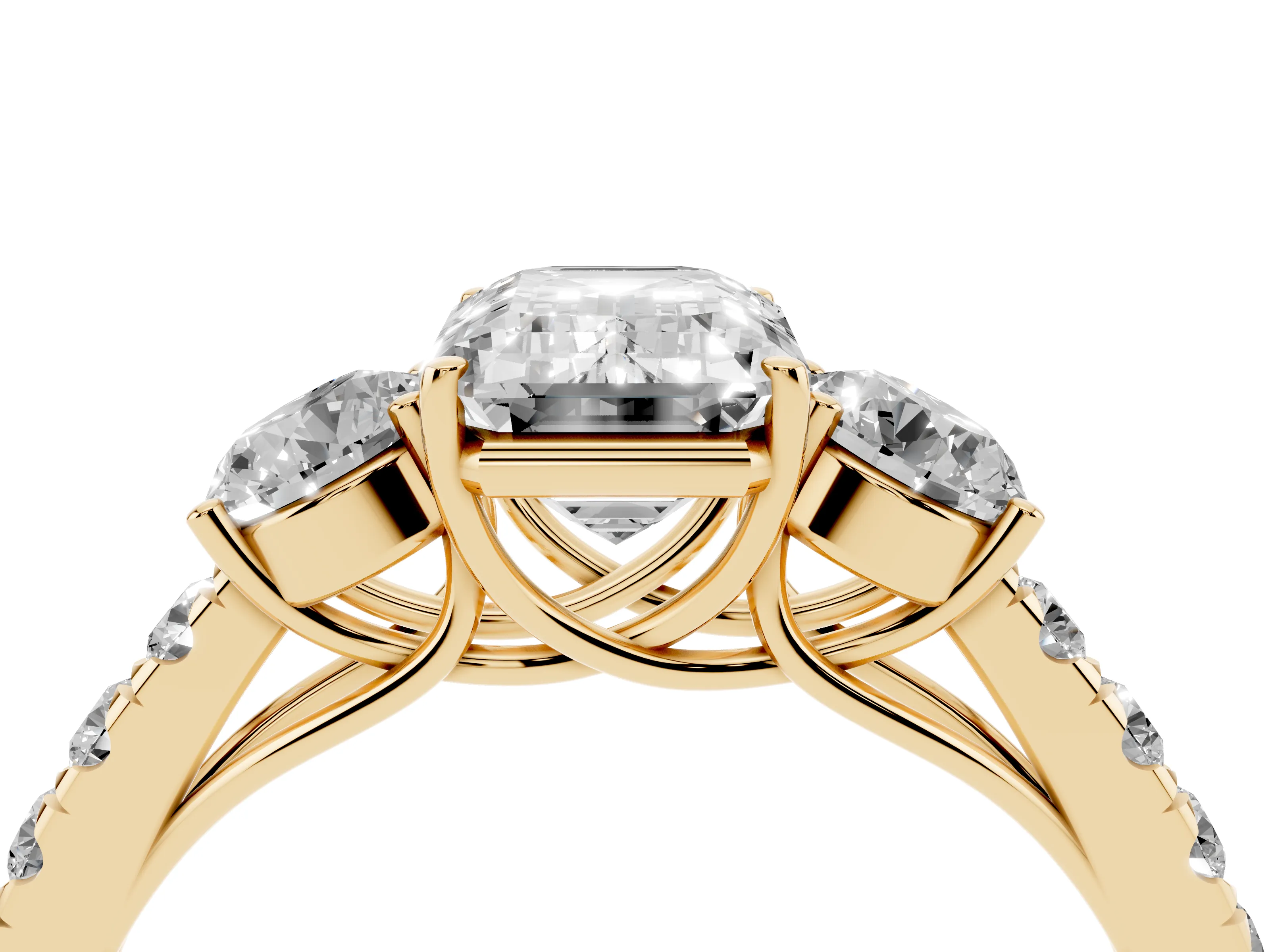 Emerald Cut Diamond Three-Stone Ring Set in Yellow gold with Round Side Stones and Delicate Pavé Band
