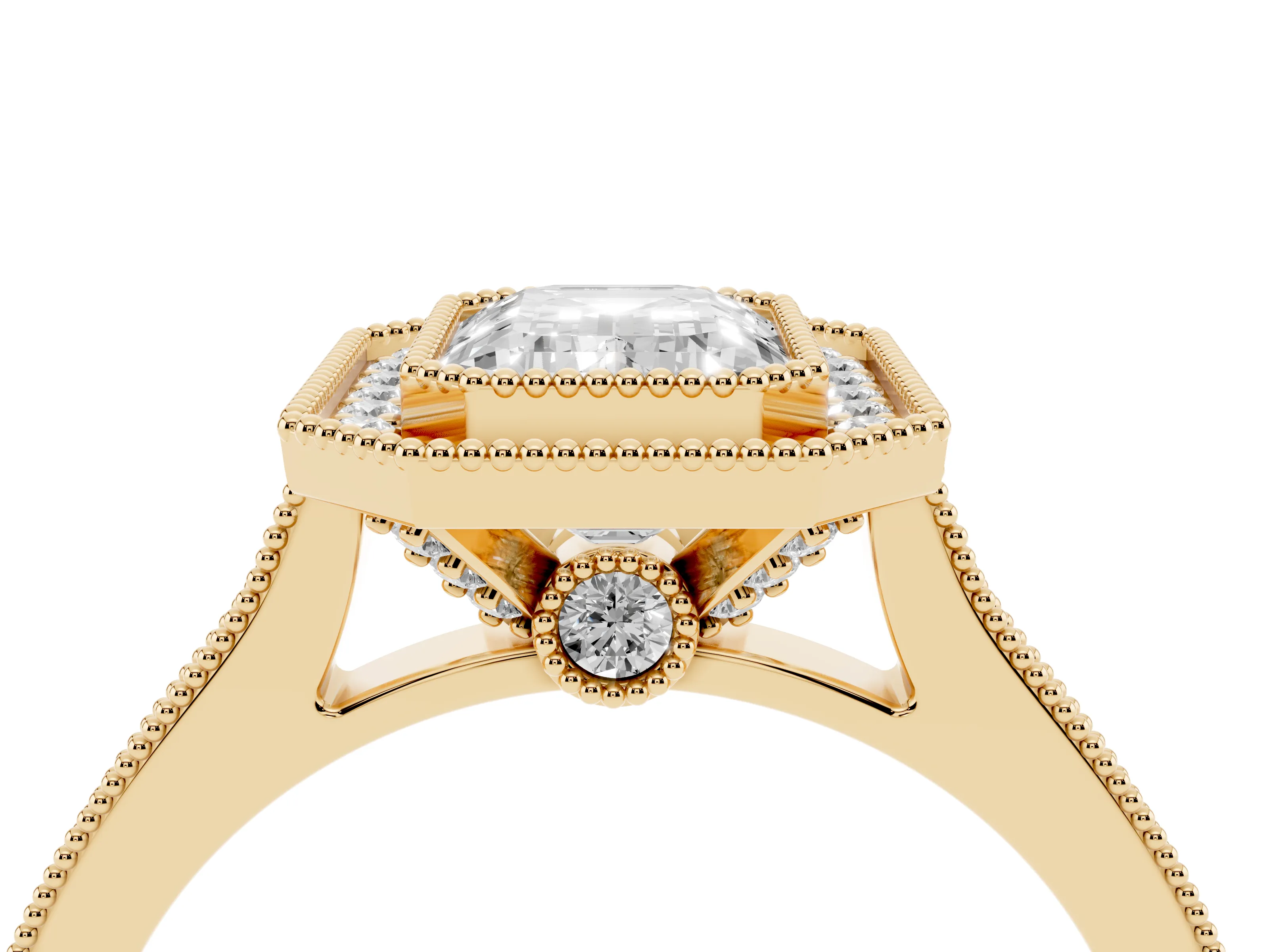 Emerald Cut Diamond Halo Milgrain Pavé Band Ring Set in Yellow gold with Prong Setting