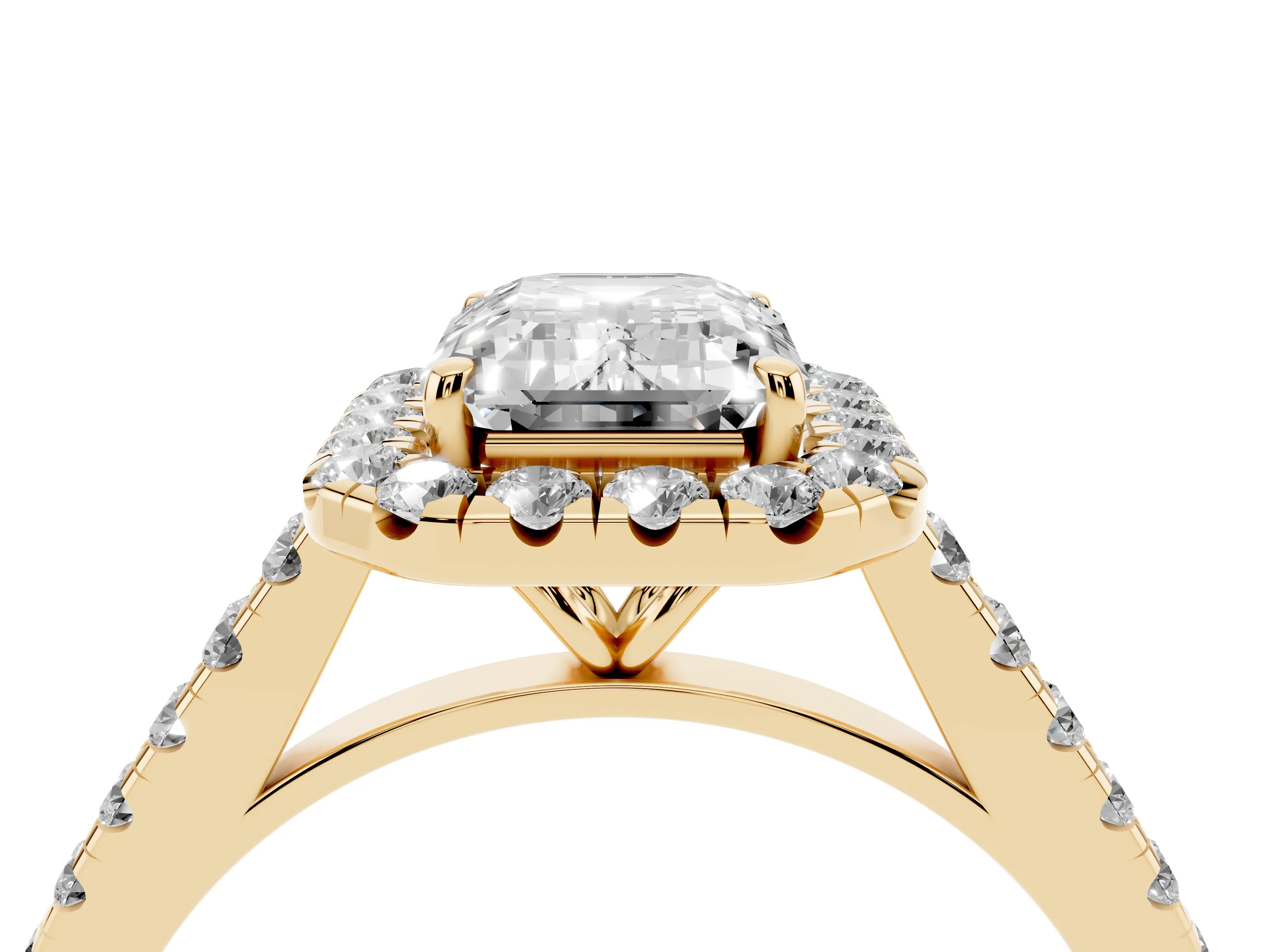 Emerald Cut Diamond Halo Pavé Engagement Ring Set in Yellow gold with Prong Setting