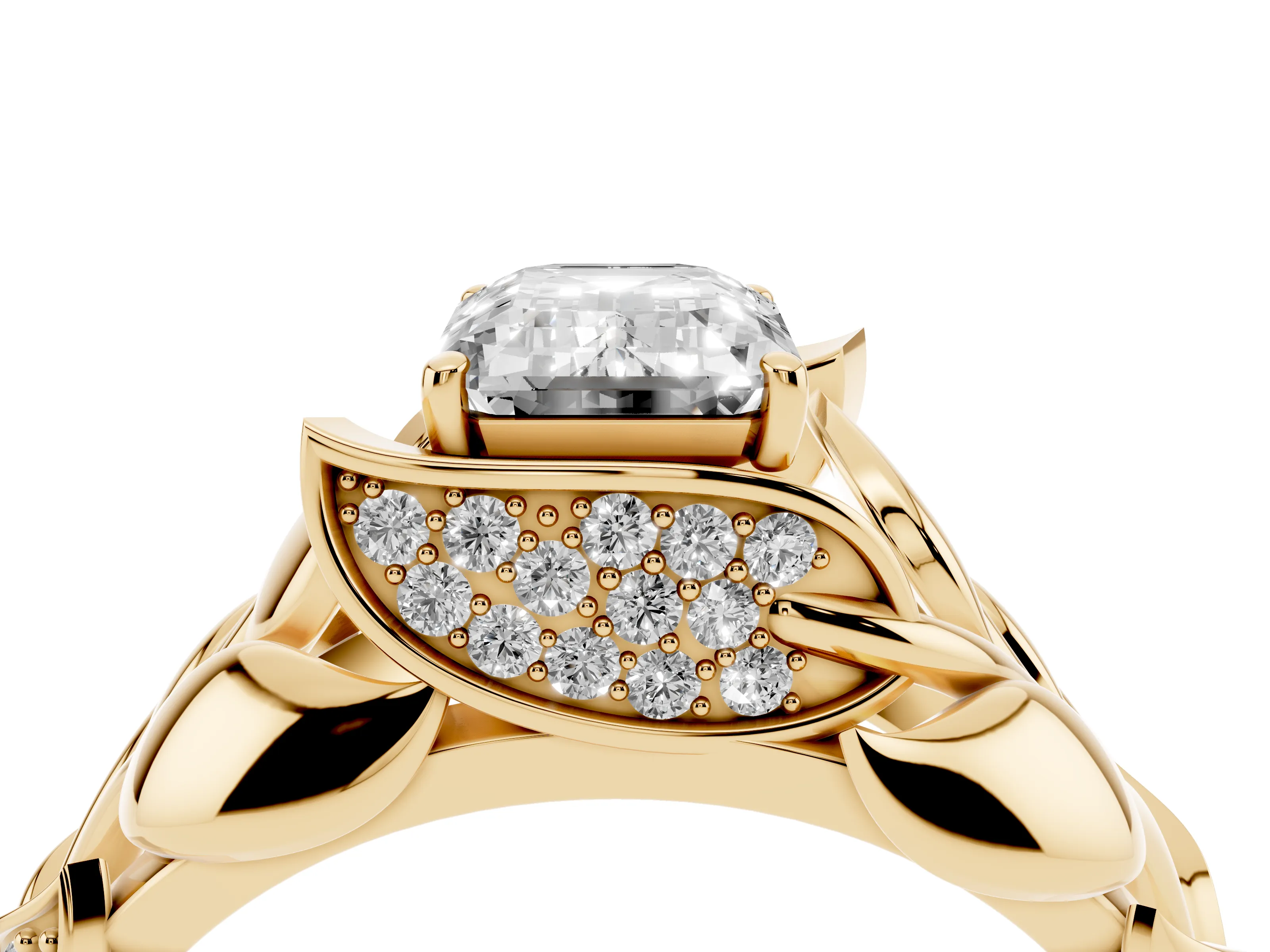 Emerald Cut Diamond Leaf-Inspired Engagement Ring Set in Yellow gold with Round Accents