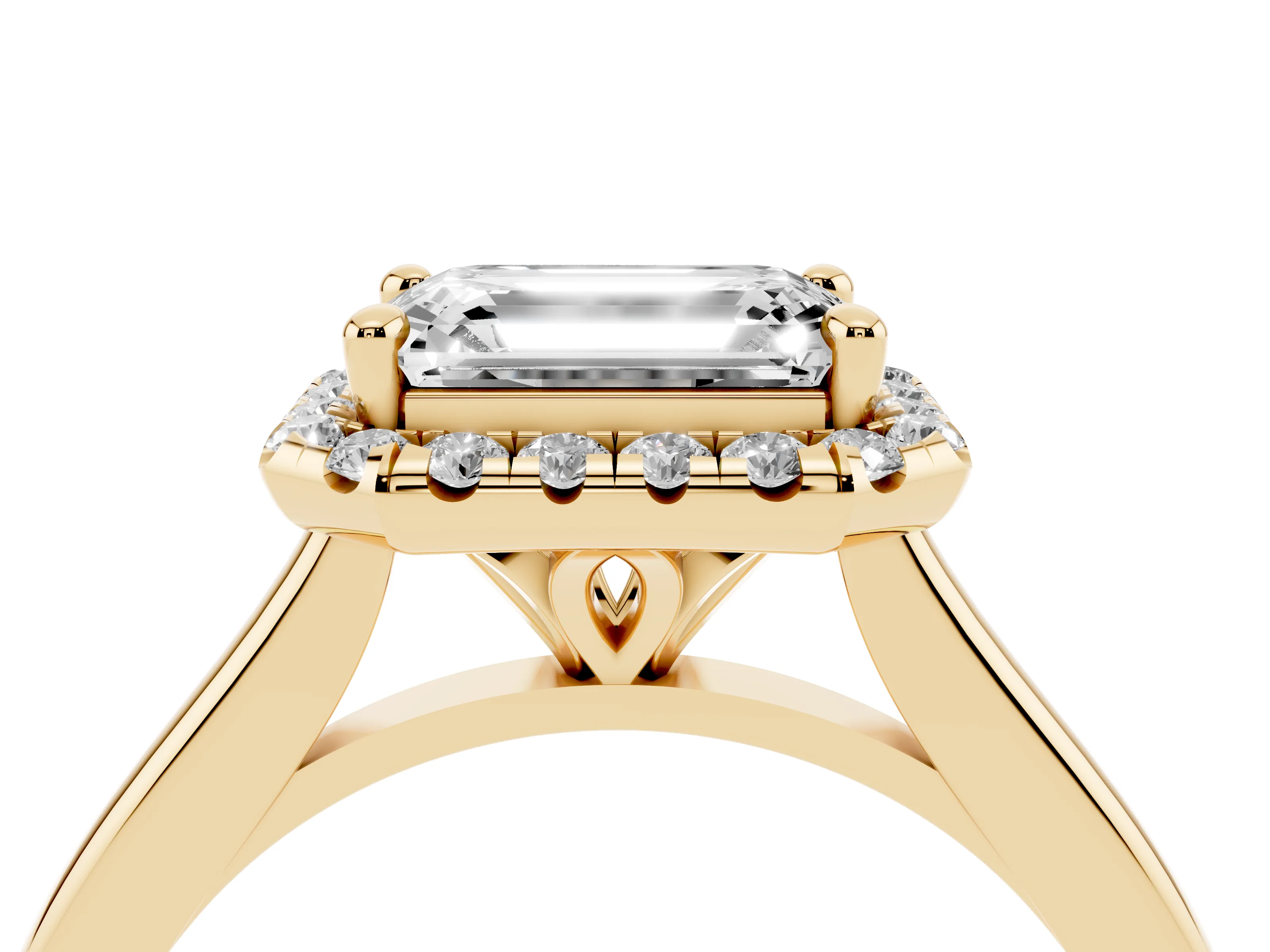 Emerald Cut Diamond Halo Engagement Ring Set in Yellow gold with Pavé Band and Rising Shoulders