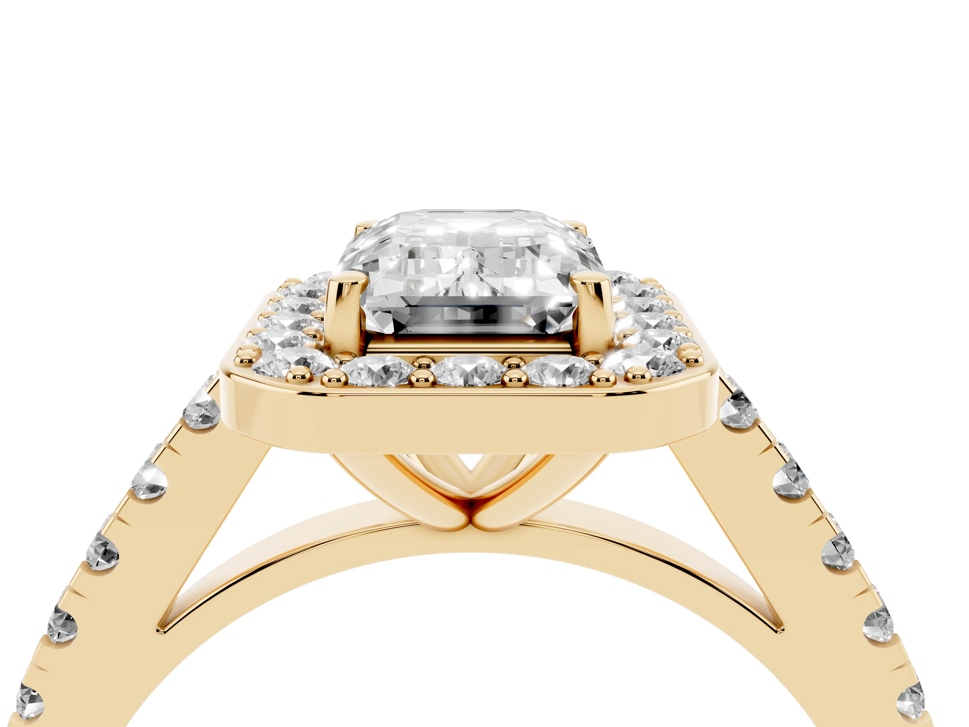 Emerald Cut Diamond Halo Ring Set in Yellow gold with Round Pavé Split Shank and Prong Setting