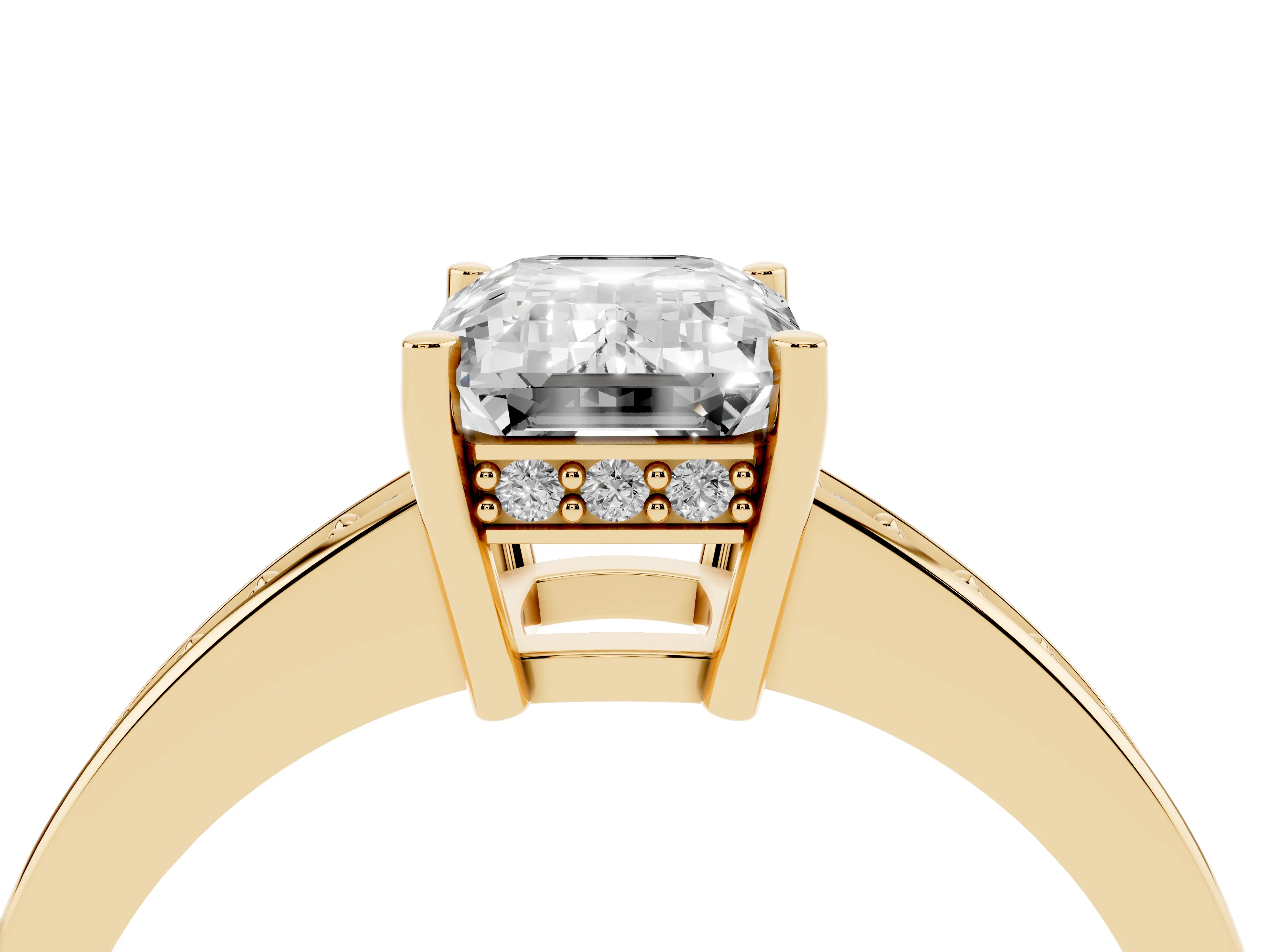 Emerald Cut Diamond Pavé Band Prong Set Solitaire Ring Set in Yellow gold